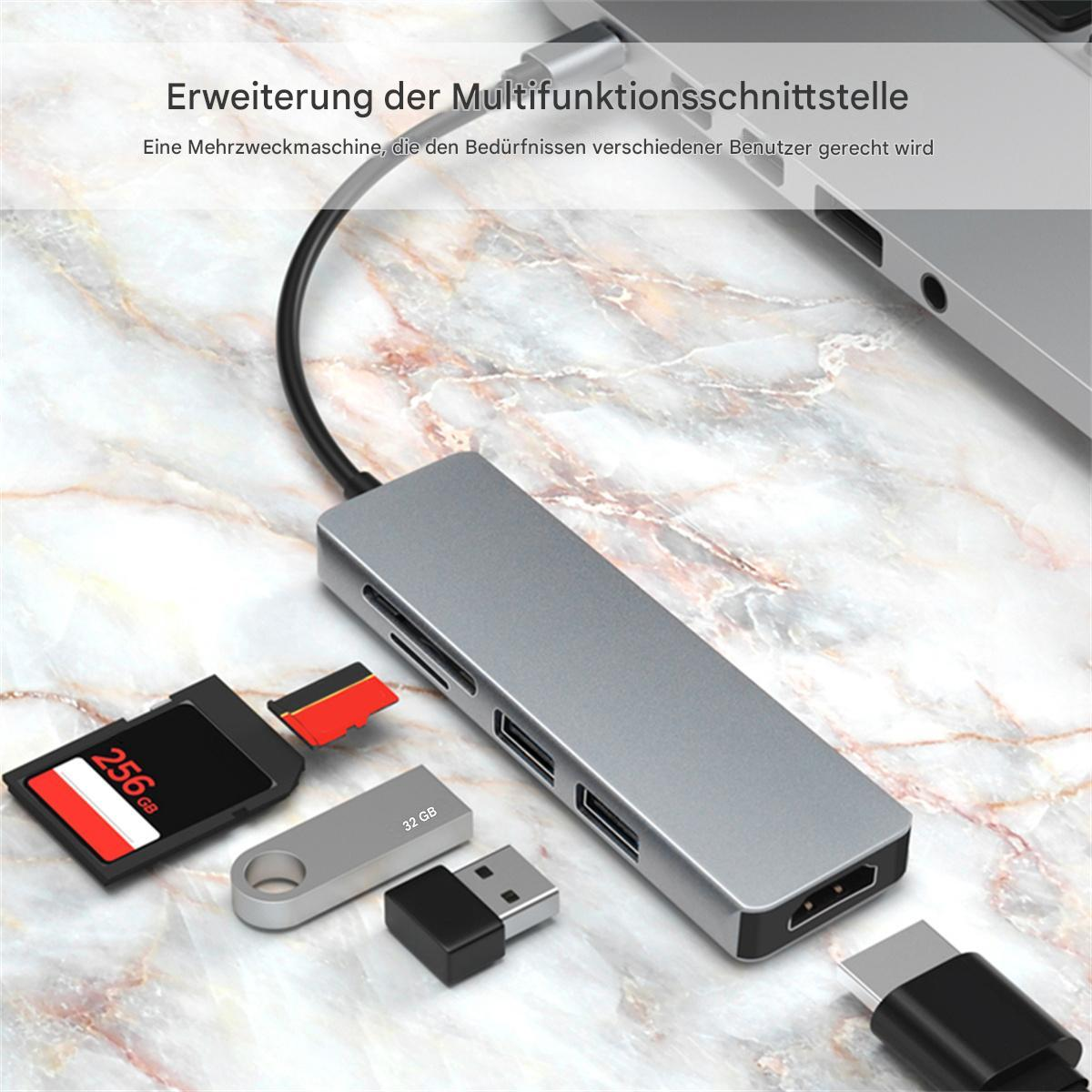 Grauer Hub mit verschiedenen Anschlüssen, an einen Laptop angeschlossen. USB-Geräte sind sichtbar.