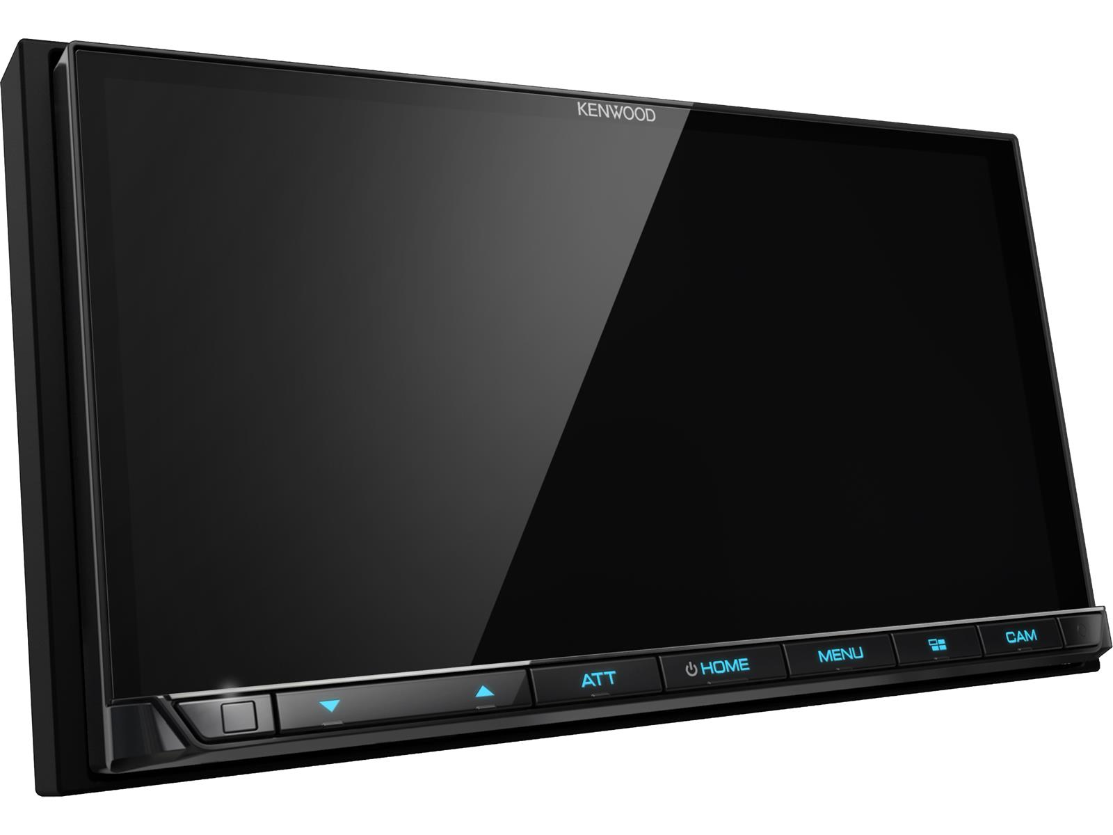 Ein schwarzer Kenwood Auto-Multimedia-Bildschirm mit Tasten unten. Text: Kenwood, Home, Menu, Cam.