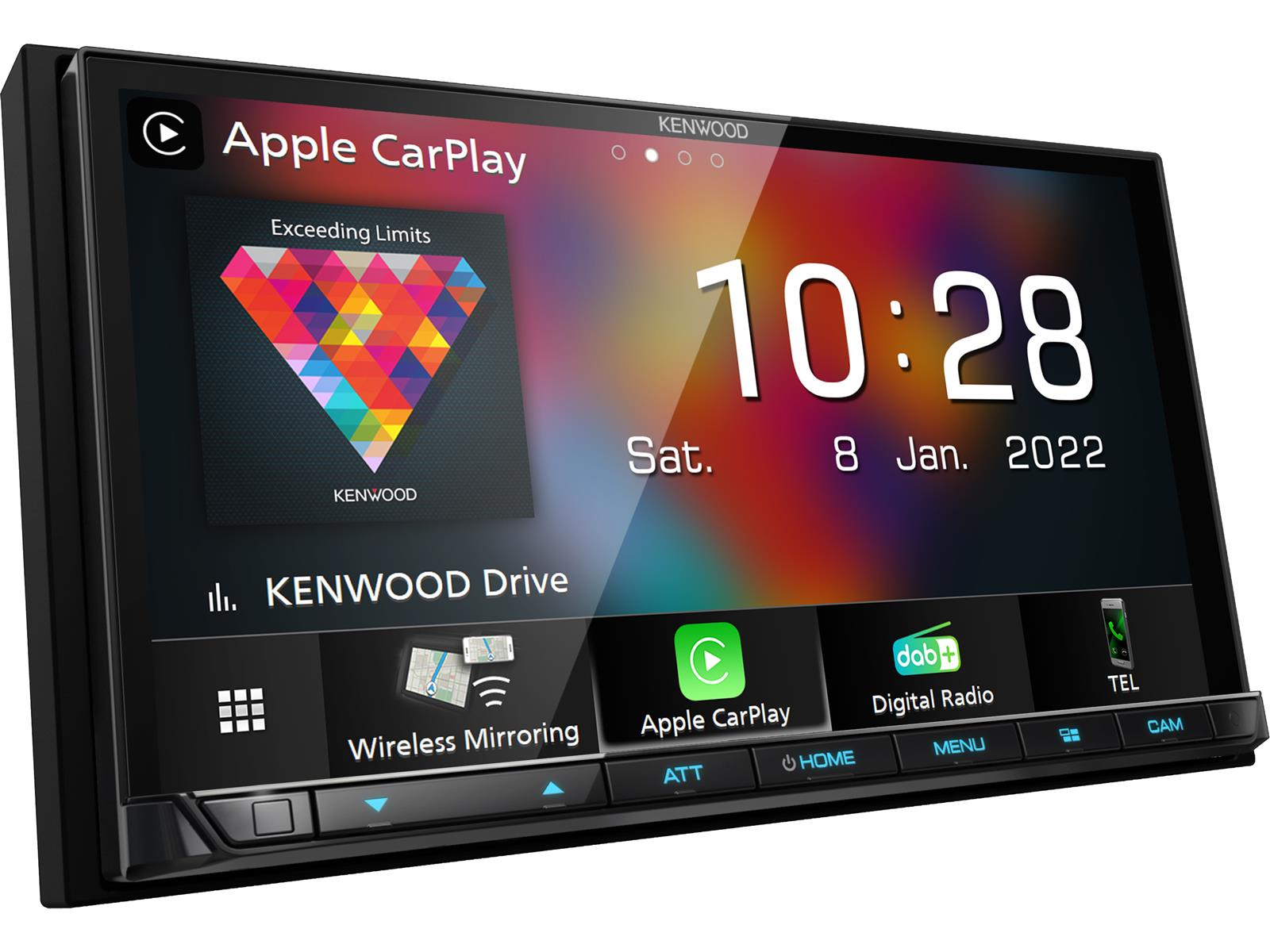 Auto-Infotainment-System-Bildschirm mit Uhrzeit, Datum, Apple CarPlay und Digitalradio.