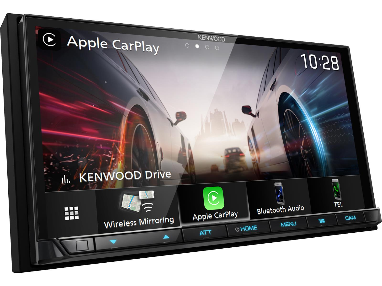 Kenwood-Autoradio-Bildschirm mit Innenräumen von Autos. Zeigt Optionen: Apple CarPlay, Bluetooth usw.