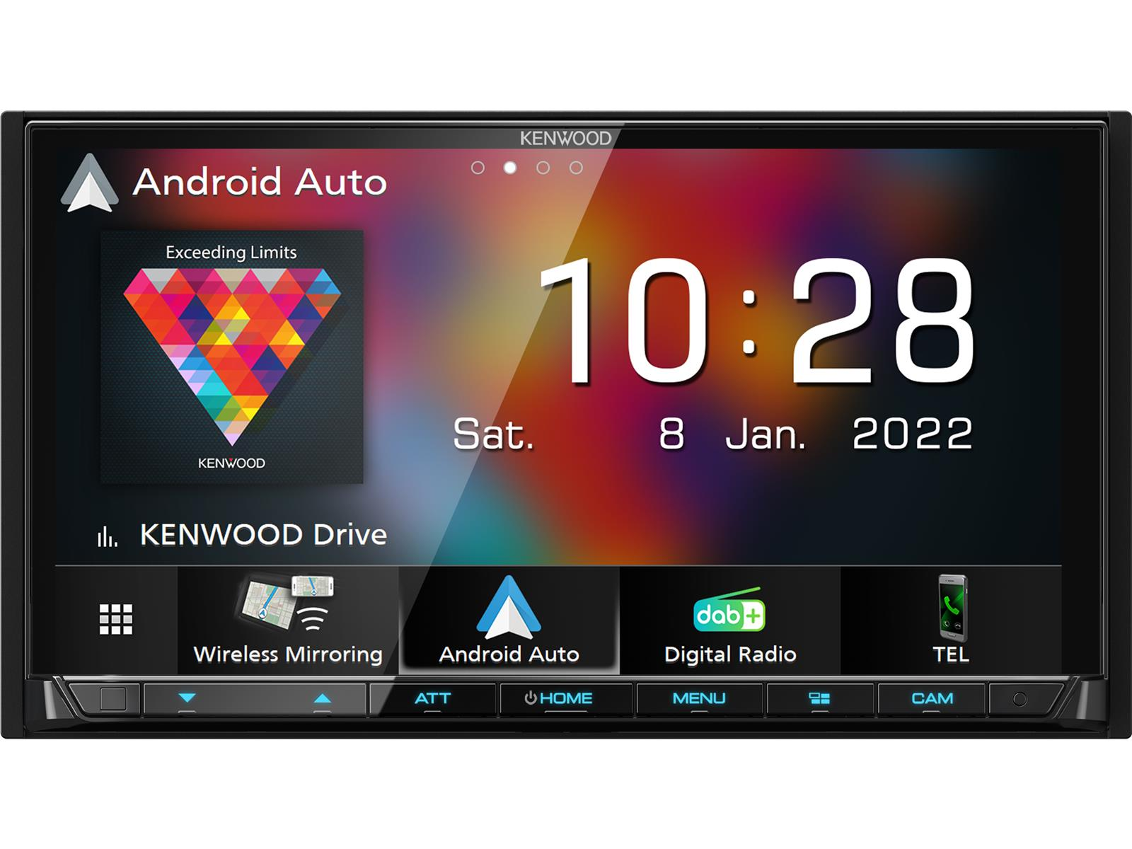 Ein Autoradio-Bildschirm zeigt Uhrzeit, Datum und Android Auto-Oberfläche. Es ist schwarz mit Farbtasten.