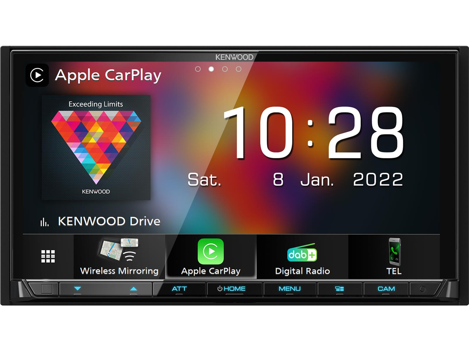 Autoradio-Bildschirm mit Uhrzeit, Datum und Musik. Kenwood-Laufwerk und Apple CarPlay-Symbole.