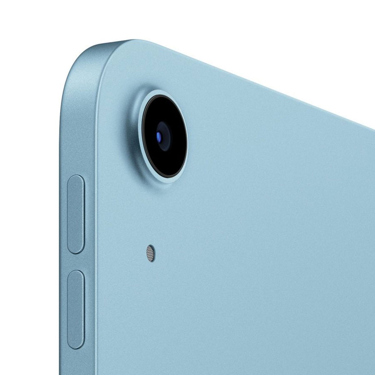 Close-up van een lichtblauwe tablet met cameralens en knoppen aan de zijkant.