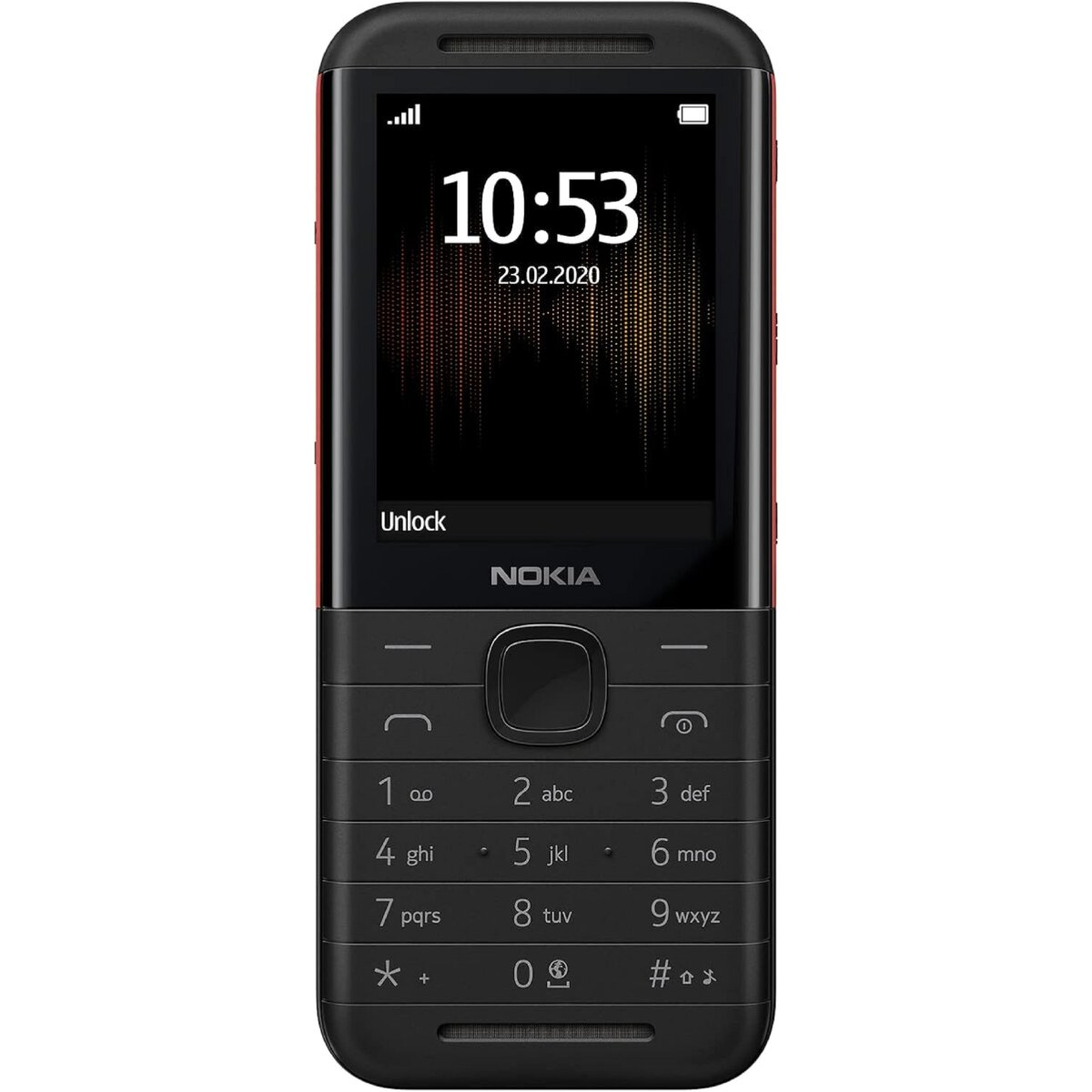 Schwarzes Nokia-Telefon mit rotem Rahmen. Der Bildschirm zeigt Uhrzeit und Datum mit weißem Hintergrund.