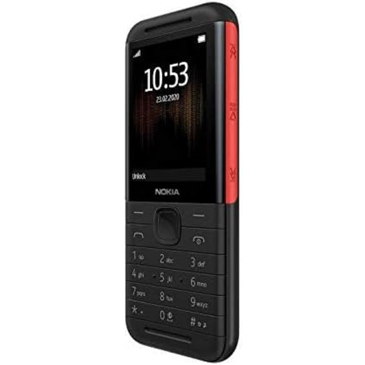 Ein schwarzes Nokia-Telefon mit roten Akzenten, das eine Uhrzeit und eine Tastatur anzeigt.