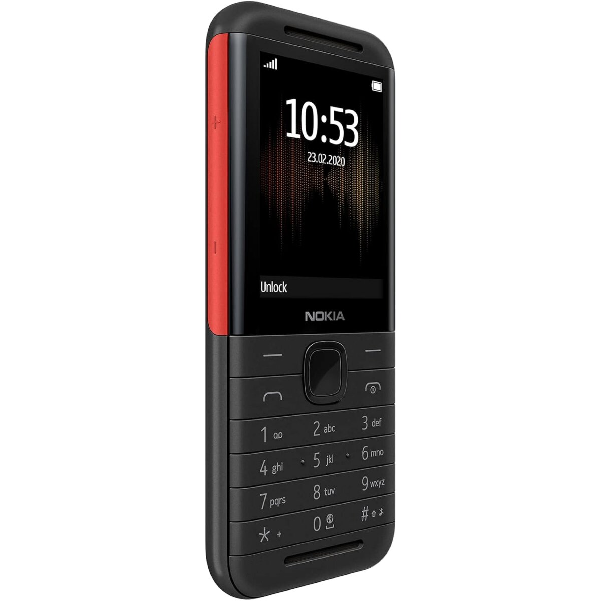 Schwarzes Nokia-Telefon mit rotem Akzent. Es hat einen Bildschirm, der die Uhrzeit anzeigt.