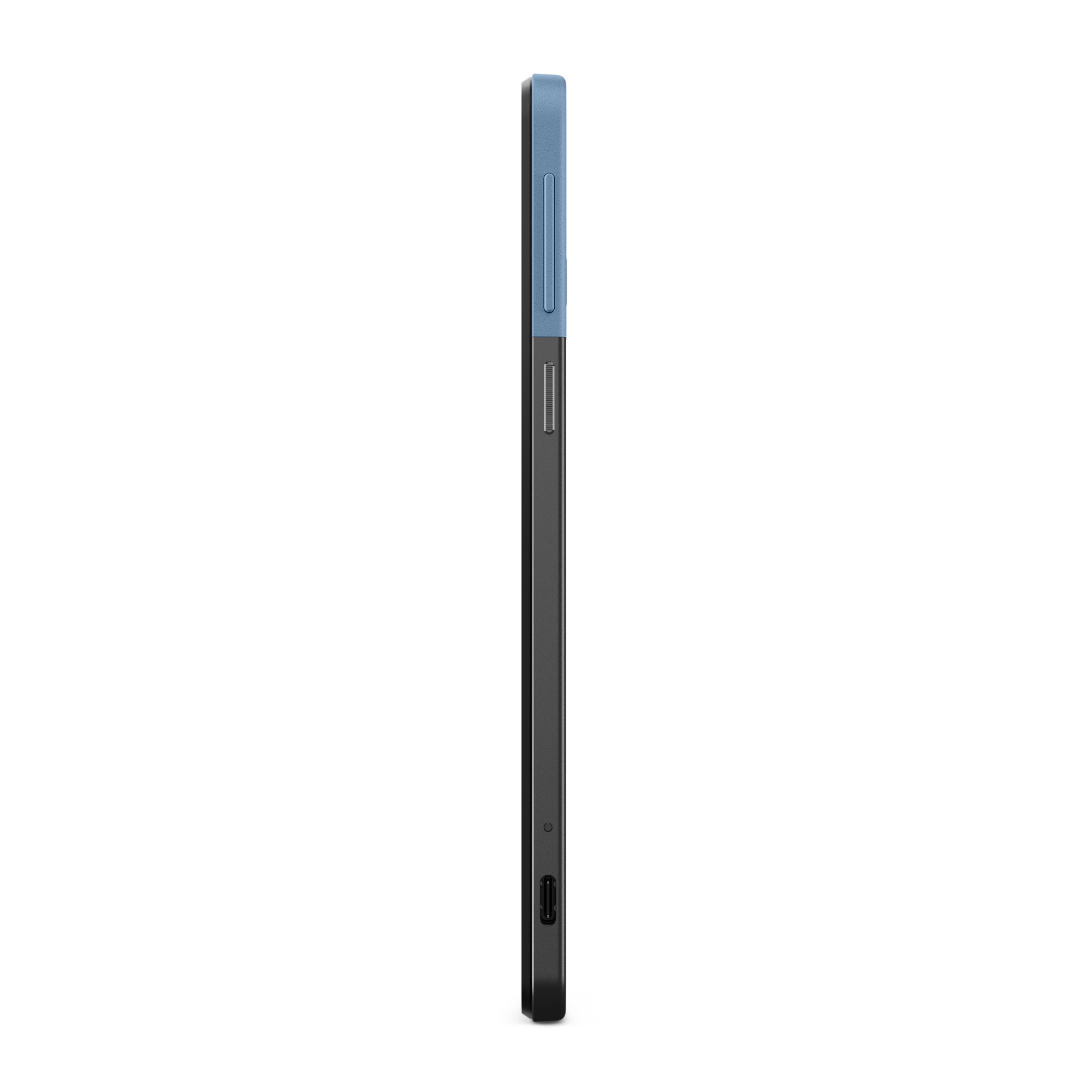 Ein schwarzes Smartphone von der Seite. Es hat eine blau gefärbte Oberseite und einen kleinen Ladeanschluss unten.