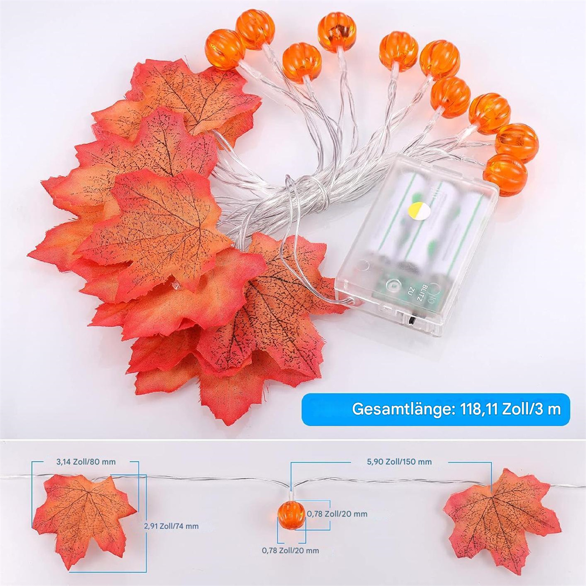 Lichterkette mit orangefarbenen Kürbislichtern und Herbstblättern.
