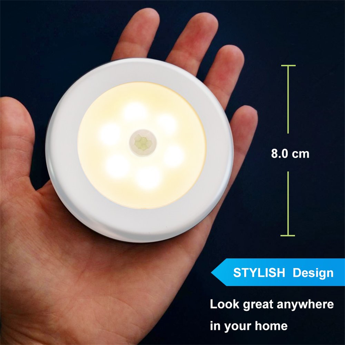 Ein runder, weißer LED-Licht in einer Hand. Text: Stilvolles Design, überall in Ihrem Zuhause großartig sperren.