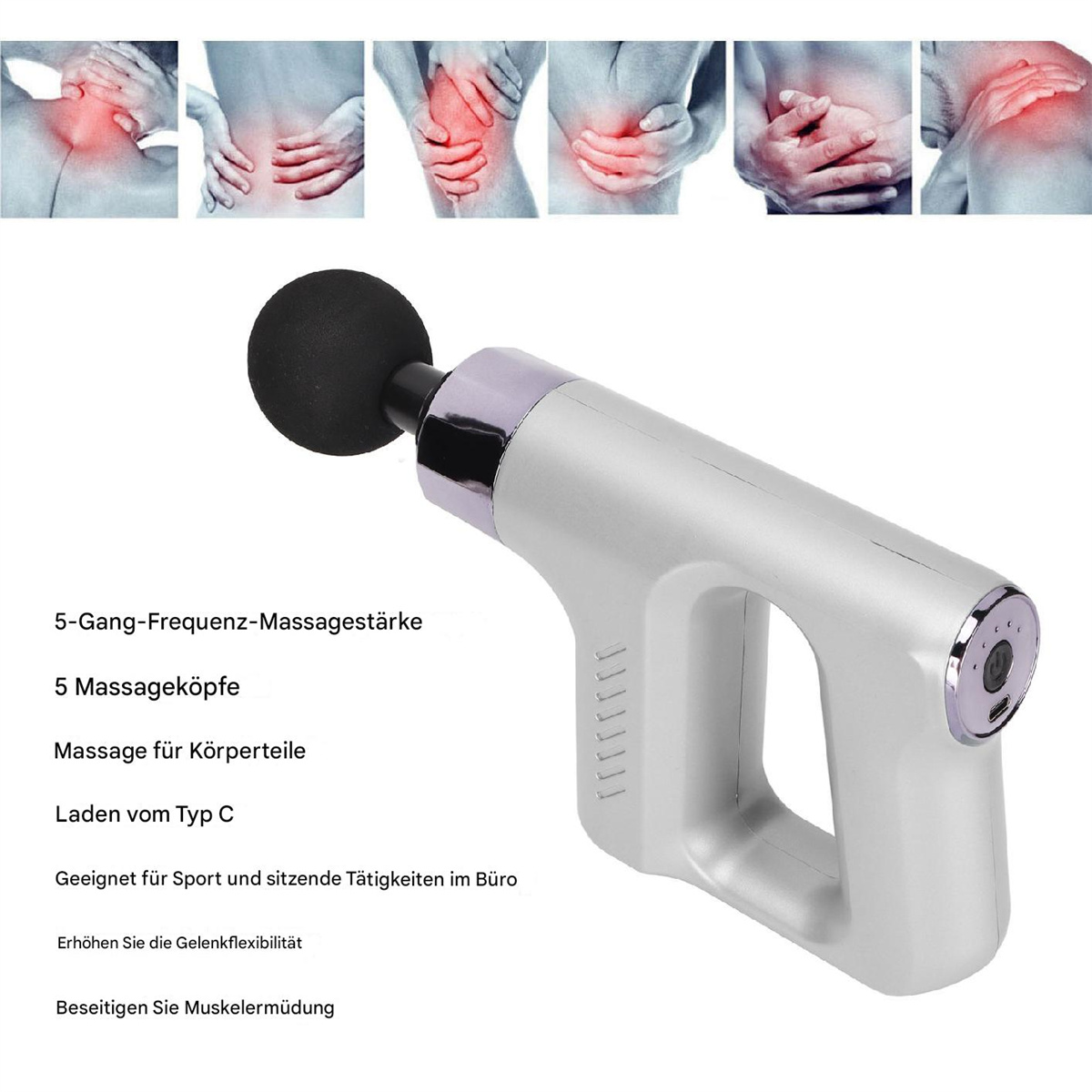 Weiß-silberne Massagepistole, die verschiedene Körperteile mit Schmerzen zeigt. Zeigt 5 Massageköpfe und 5 Frequenzstärken.