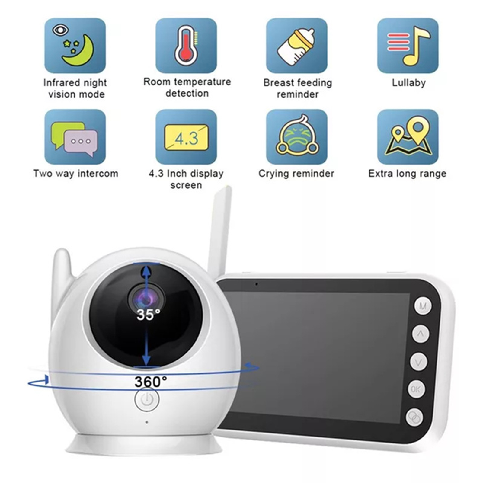 Babyphone mit Display, Symbolen und Kamera. Funktionen umfassen Nachtsicht und Gegensprechanlage.