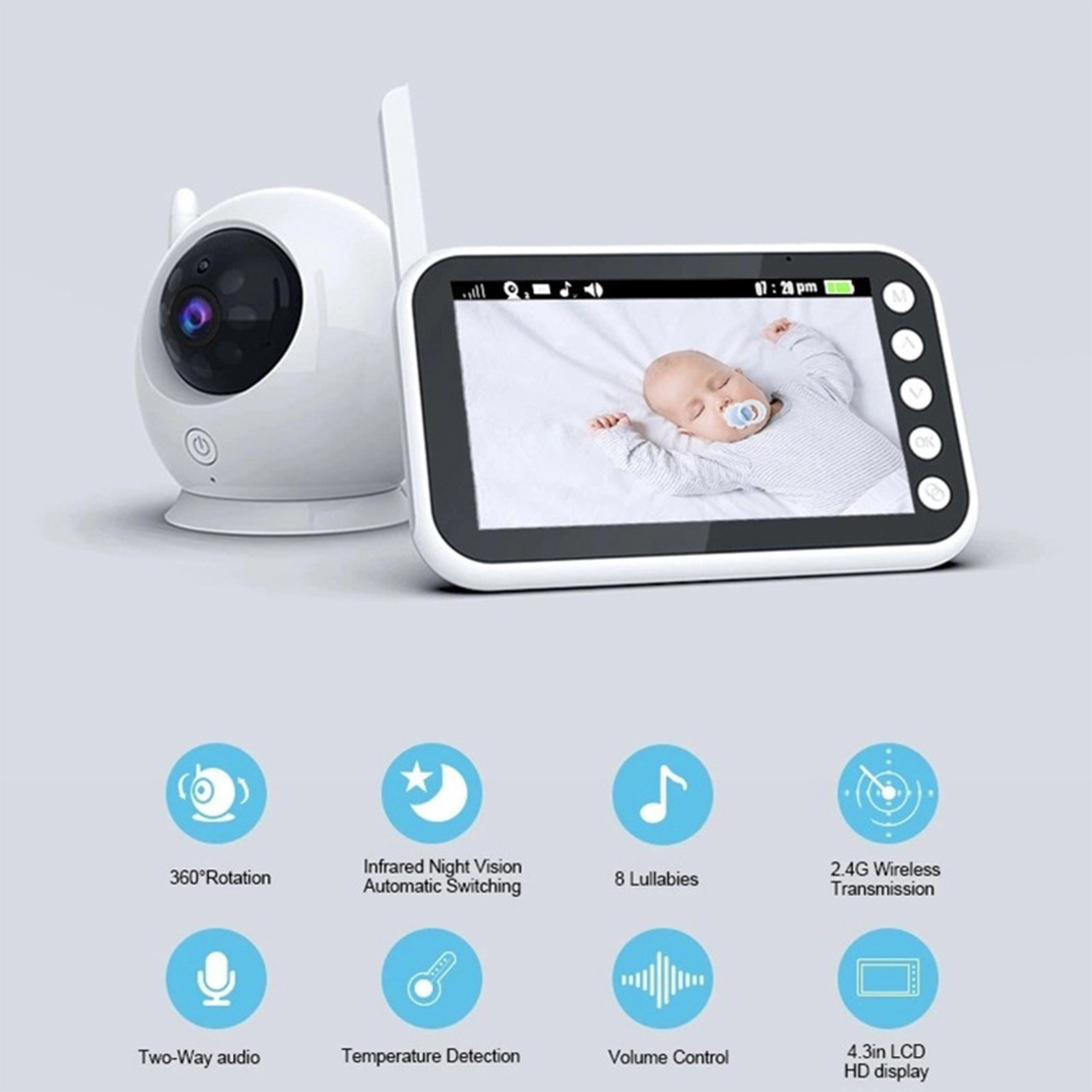 Ein Babyphone zeigt ein schlafendes Baby mit Schnuller. Symbole für Funktionen sind unter dem Bildschirm vorhanden.