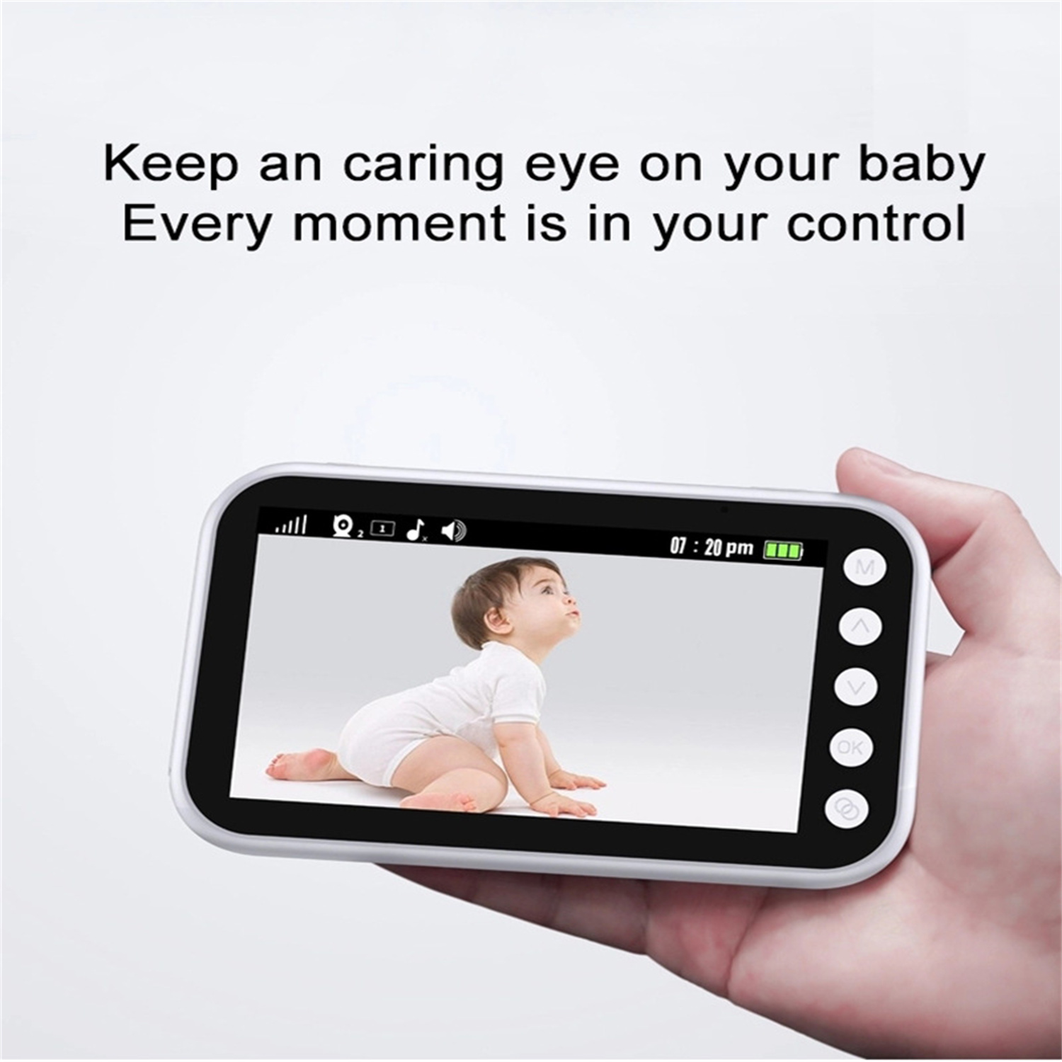 Babyphone mit Baby auf dem Bildschirm, in der Hand. Text: "Behalten Sie Ihr Baby im Auge."