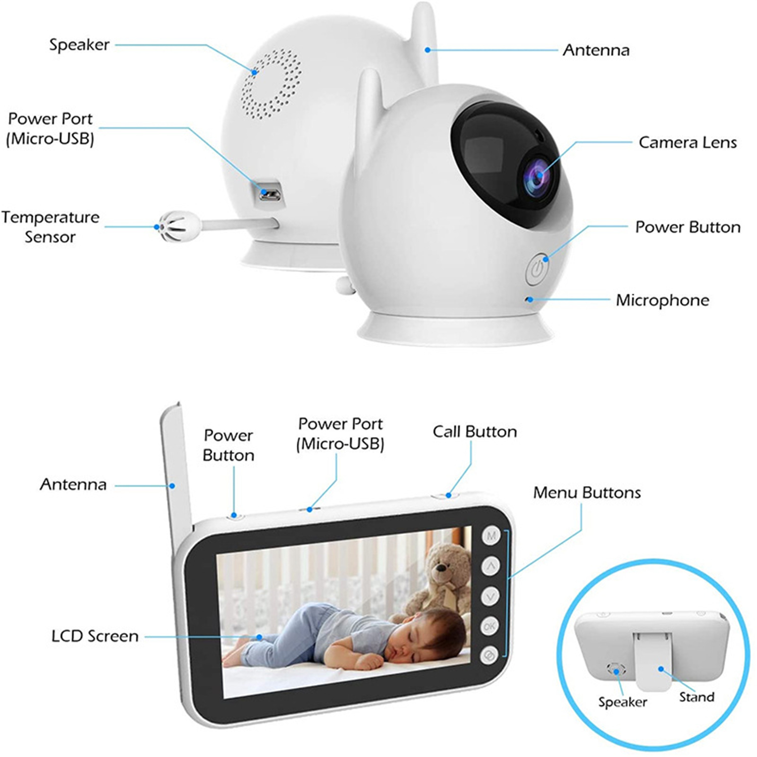 Babyfon-Set mit Kamera und Bildschirm, das ein schlafendes Baby zeigt.