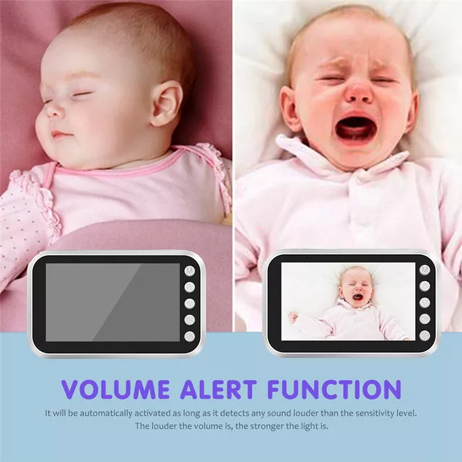 Geteiltes Bild eines schlafenden Babys und eines weinenden Babys, mit einem Monitor, der das Gesicht des Babys zeigt.
