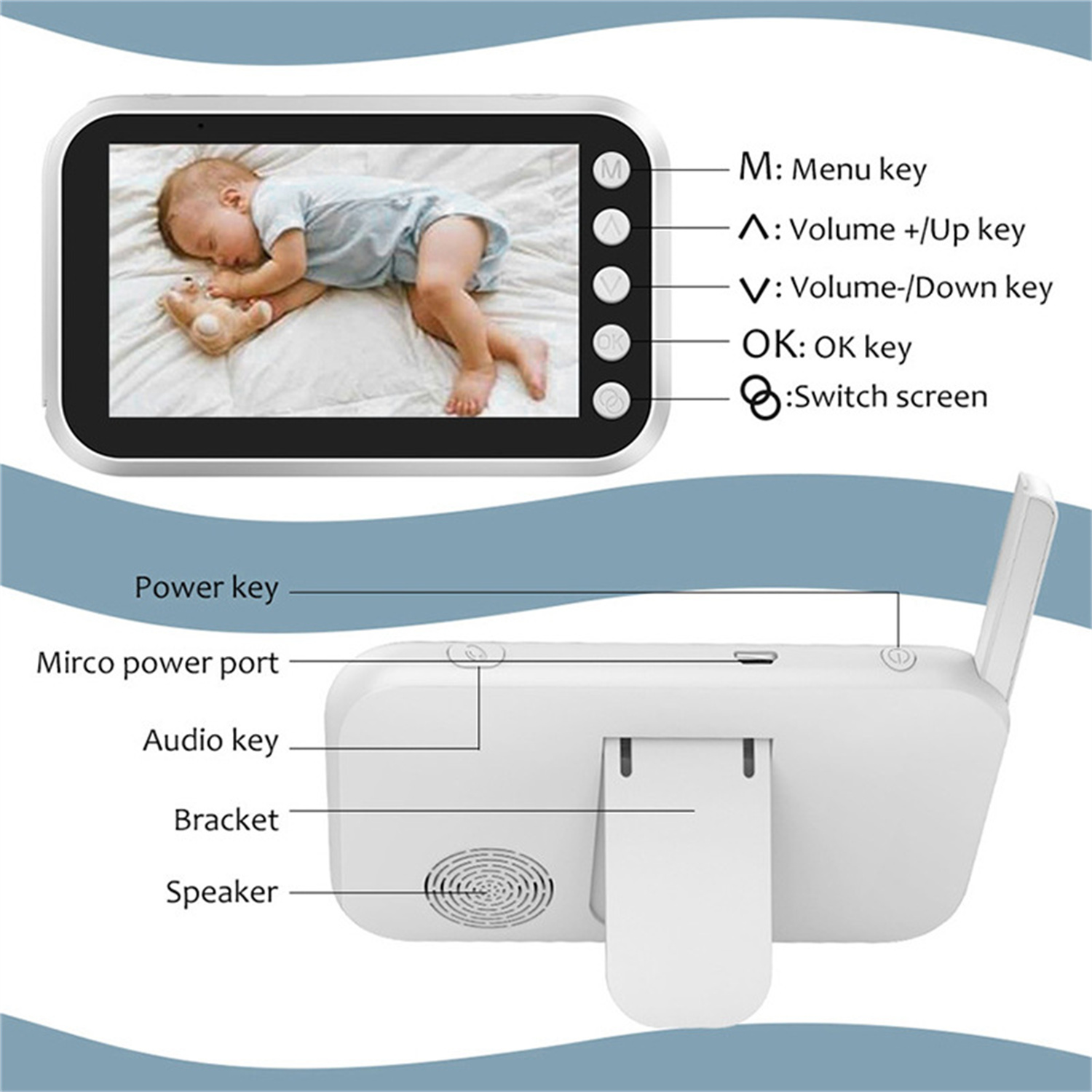 Babyphone mit Bildschirm, der ein Baby zeigt, und Tasten, die für Funktionen beschriftet sind.