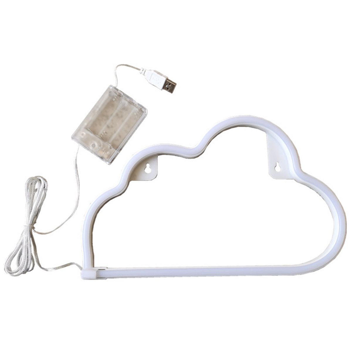 Weißes, wolkenförmiges Neonlicht mit Batteriepack und USB-Kabel.