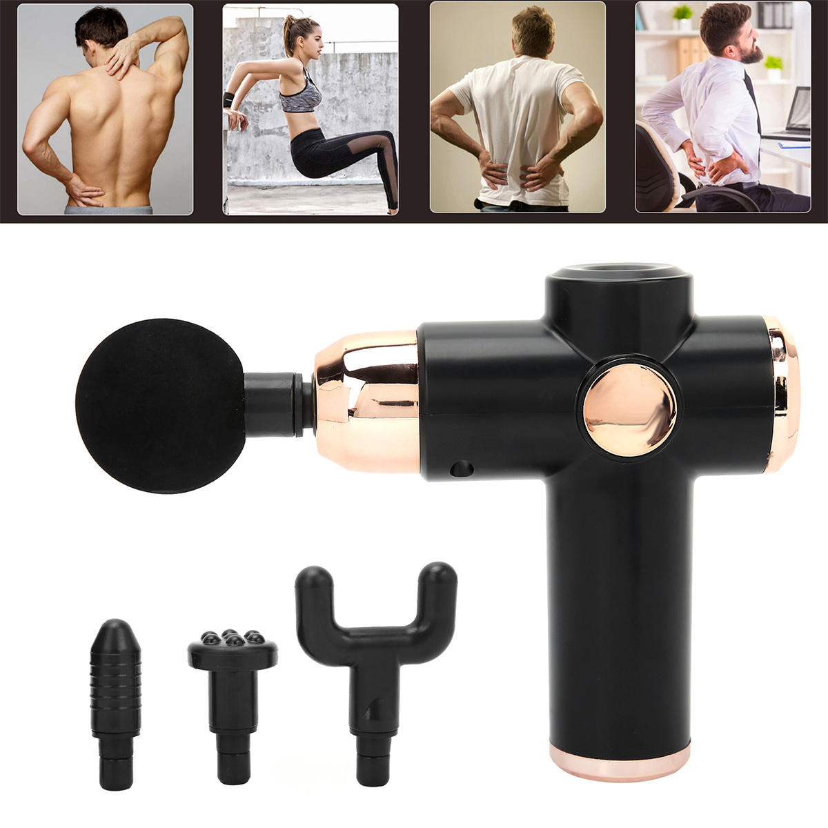Massagepistole und Aufsätze mit Bildern, die Rückenschmerzen und Sport zeigen.