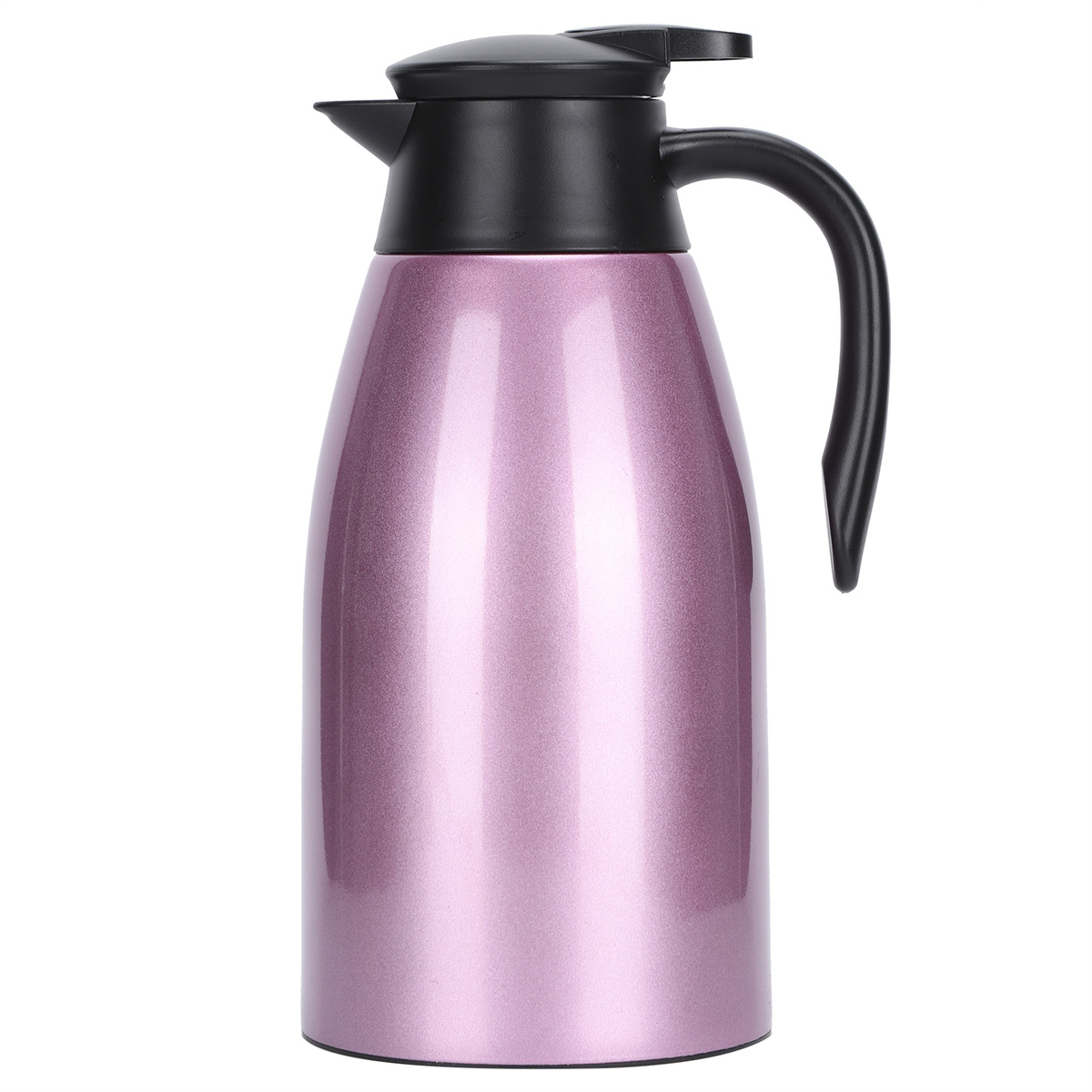 Eine pinkfarbene, metallische Thermoskanne mit schwarzem Deckel und Griff. Die Kanne ist zylindrisch und glänzend.