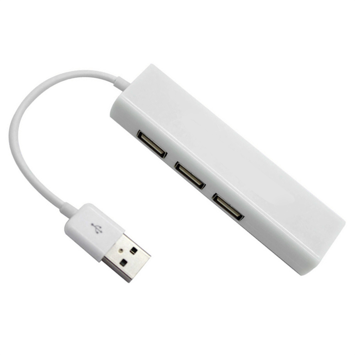 Weißer USB-Hub mit vier Anschlüssen und einem USB-Anschluss auf weißem Hintergrund.