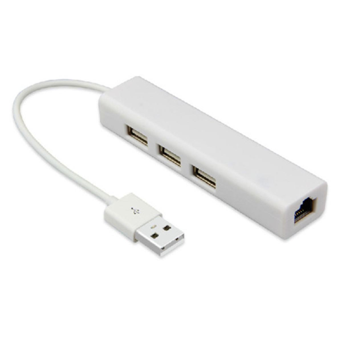 Ein weißer USB-Hub mit vier USB-Anschlüssen und einem Ethernet-Anschluss.
