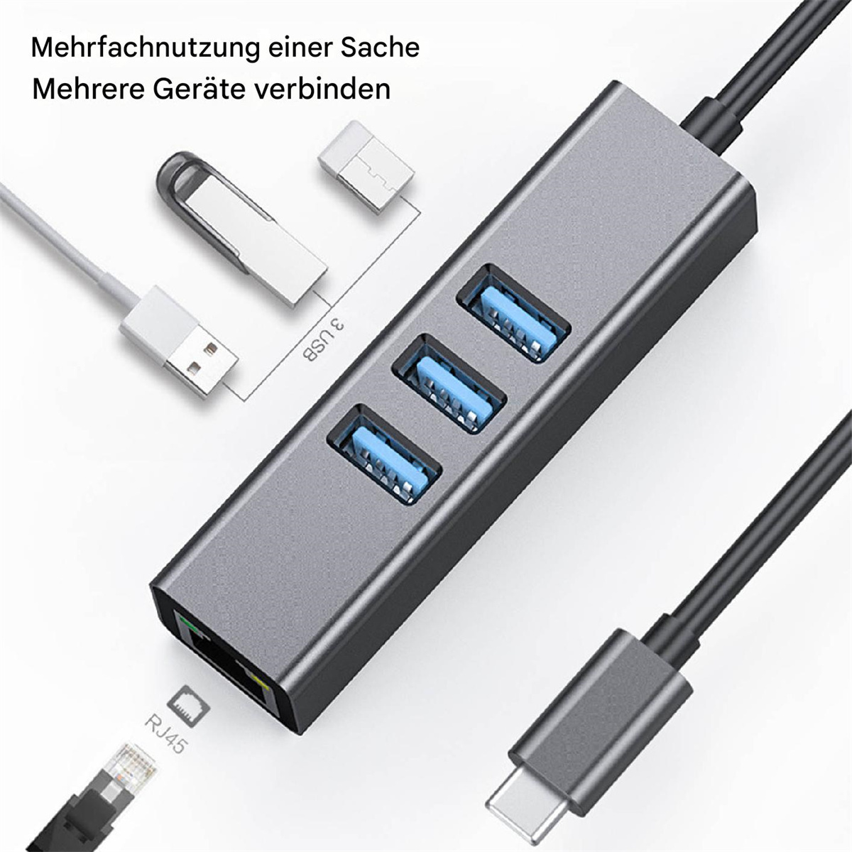 Grauer USB-Hub mit mehreren USB-Anschlüssen, einem USB-C-Anschluss und einem angeschlossenen USB-Kabel.