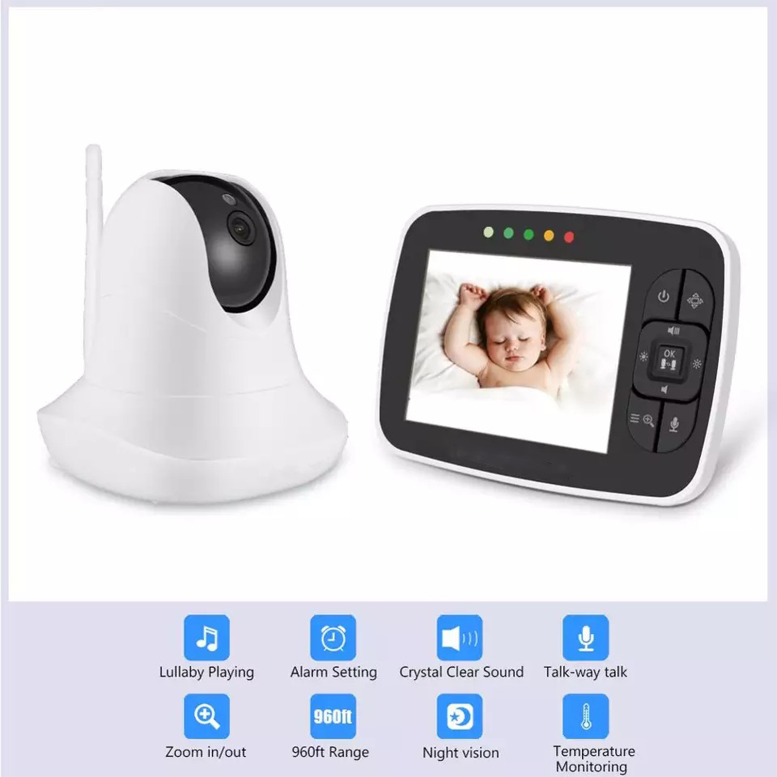 Babyphone mit Kamera und Bildschirm. Baby ist auf dem Bildschirm sichtbar. Symbole für Funktionen unten.
