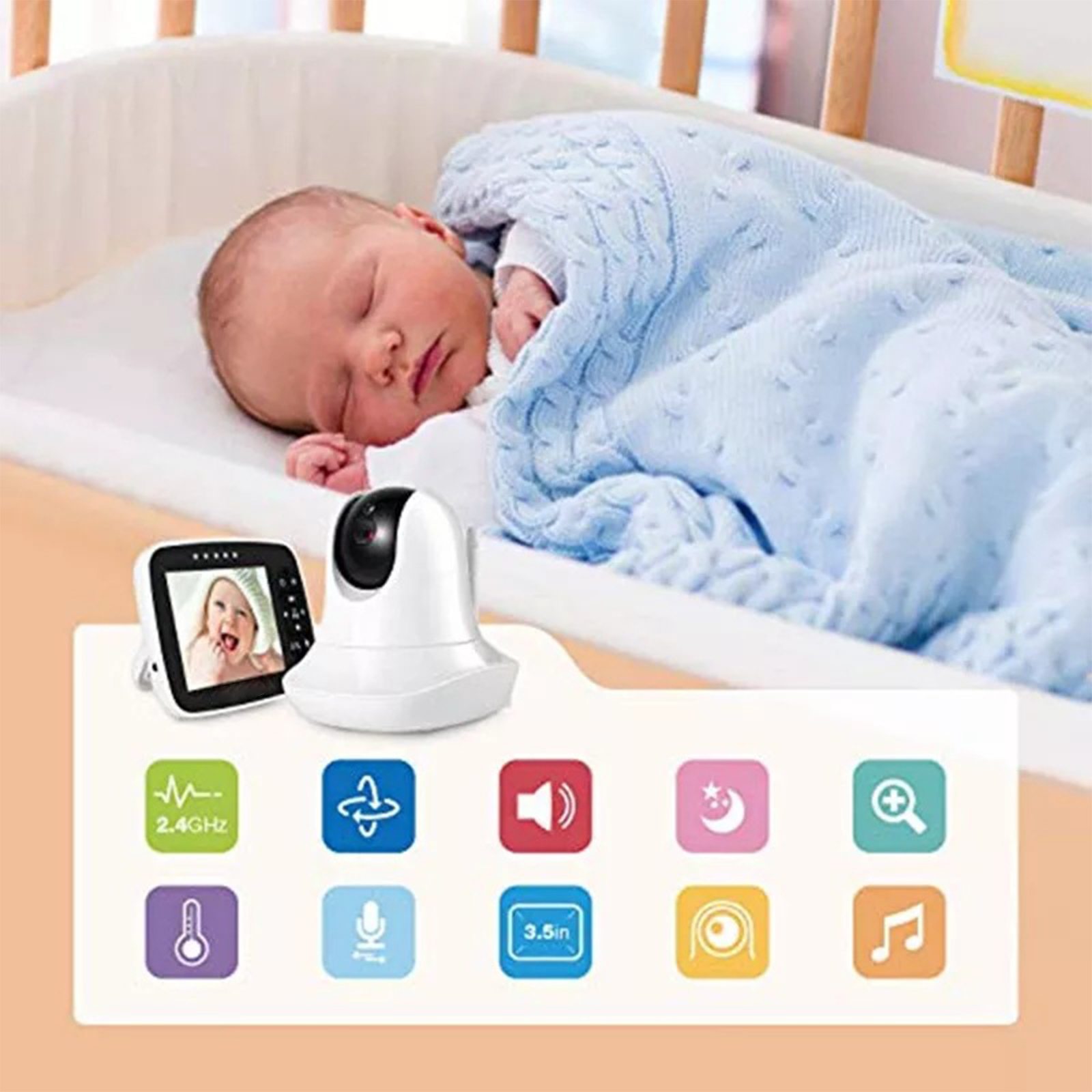 Babyphone mit Baby, das in einem Kinderbett schläft, zeigt verschiedene Symbole.
