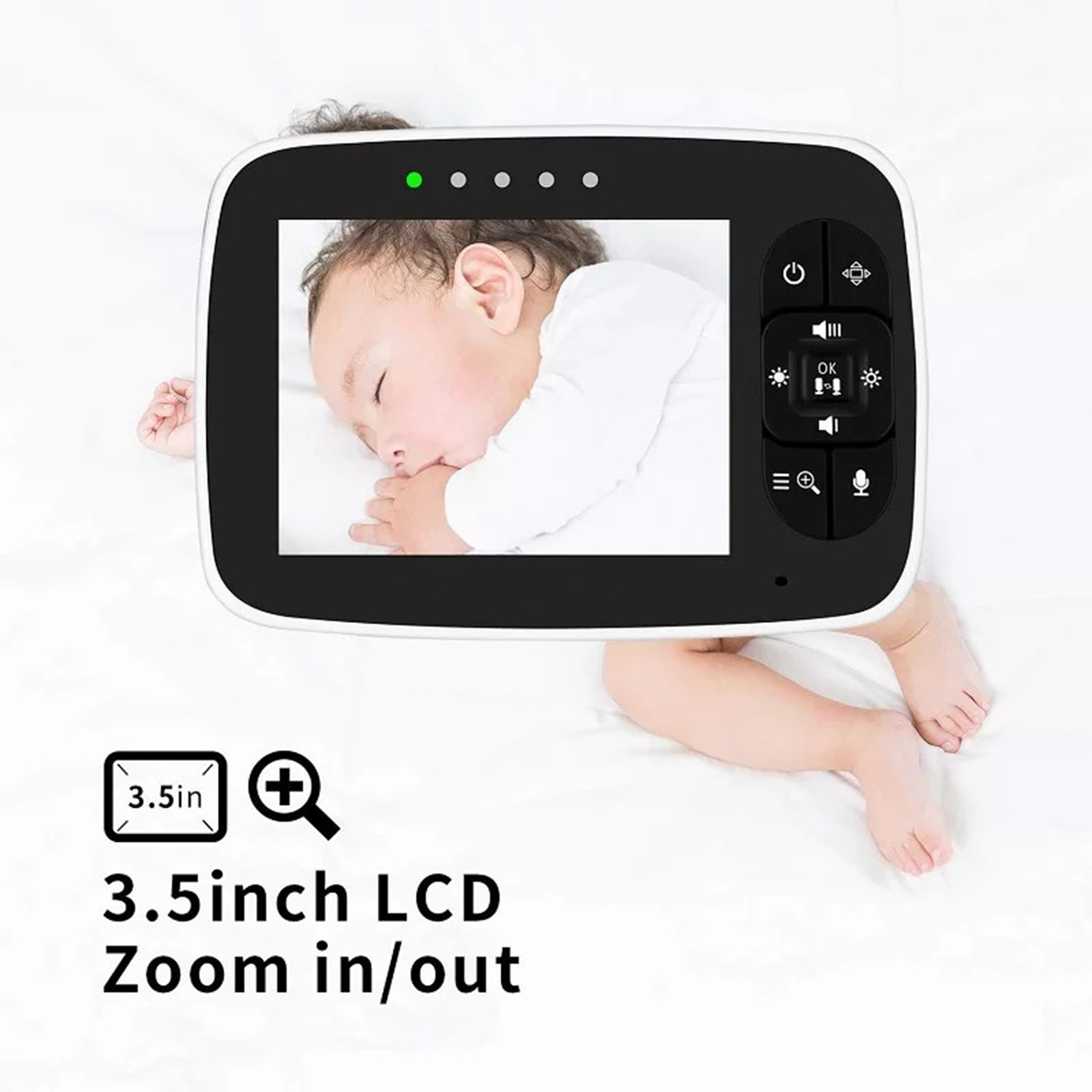Babyphone-Bildschirm mit schlafendem Baby, Knöpfen und Zoomfunktion.