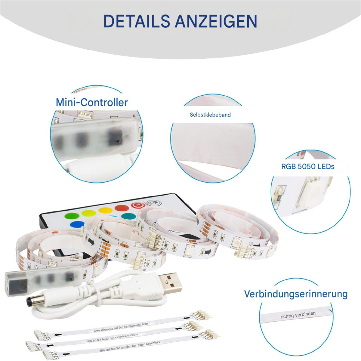 LED-Lichtband mit Fernbedienung und Anschlüssen. Text: Mini-Controller, Selbstklebeband, RGB 5050 LEDs.