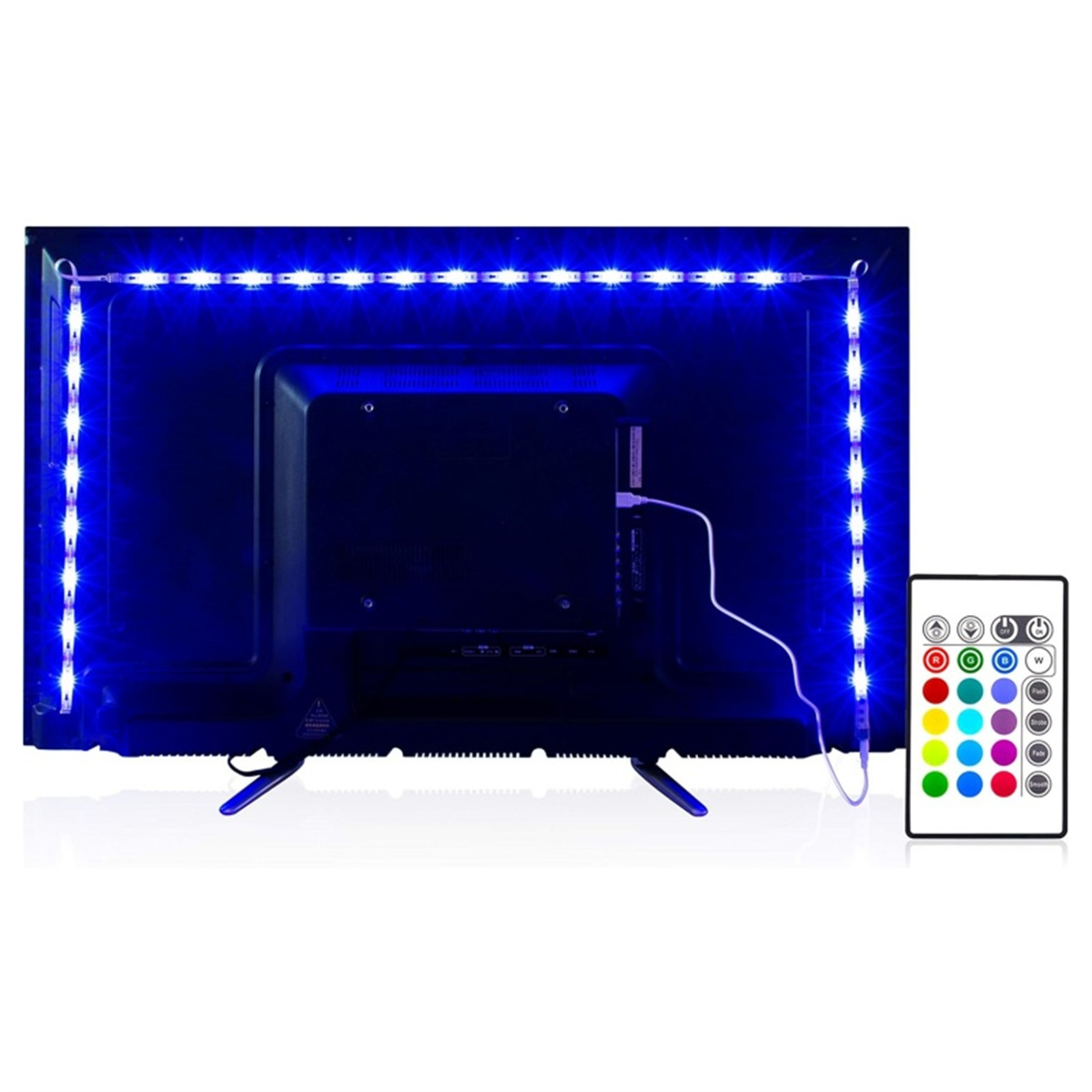 Rückansicht eines Fernsehers mit blauen LED-Streifen, eine Fernbedienung mit Farboptionen.