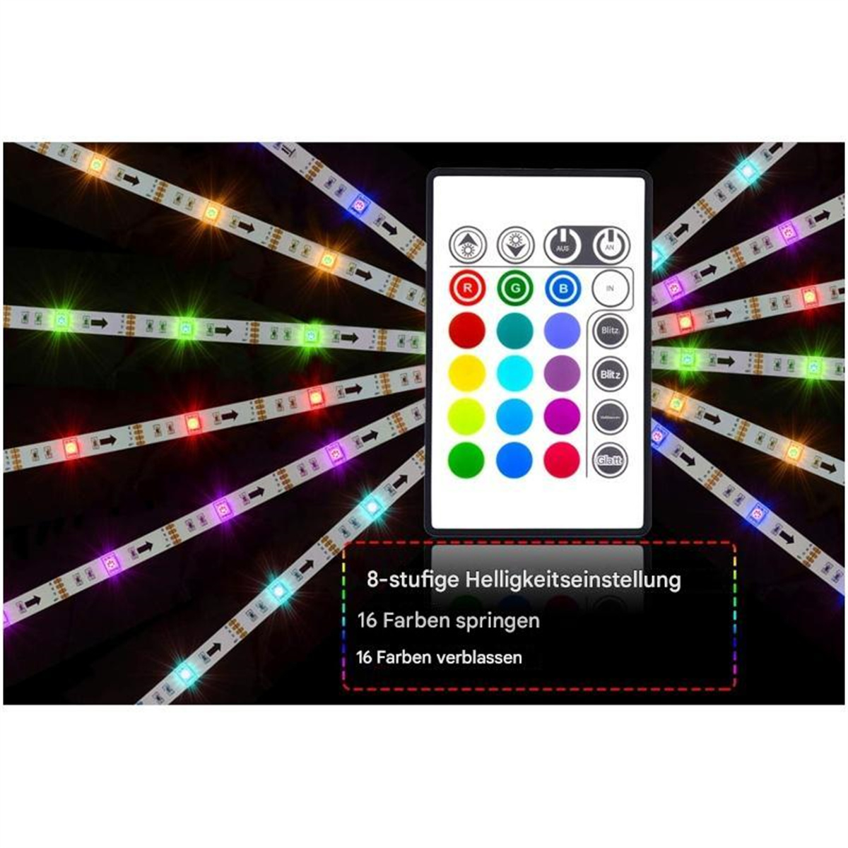 LED-Streifen mit Fernbedienung. Die Fernbedienung hat Farb- und Helligkeitsregler. Die Streifen sind mehrfarbig.