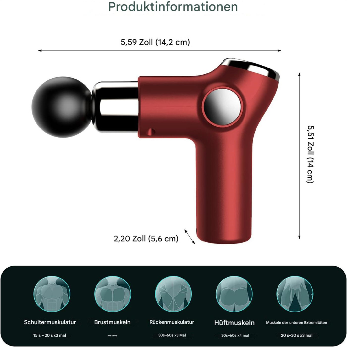 Rote Massagepistole mit Abmessungen und Muskelgruppen-Diagrammen.