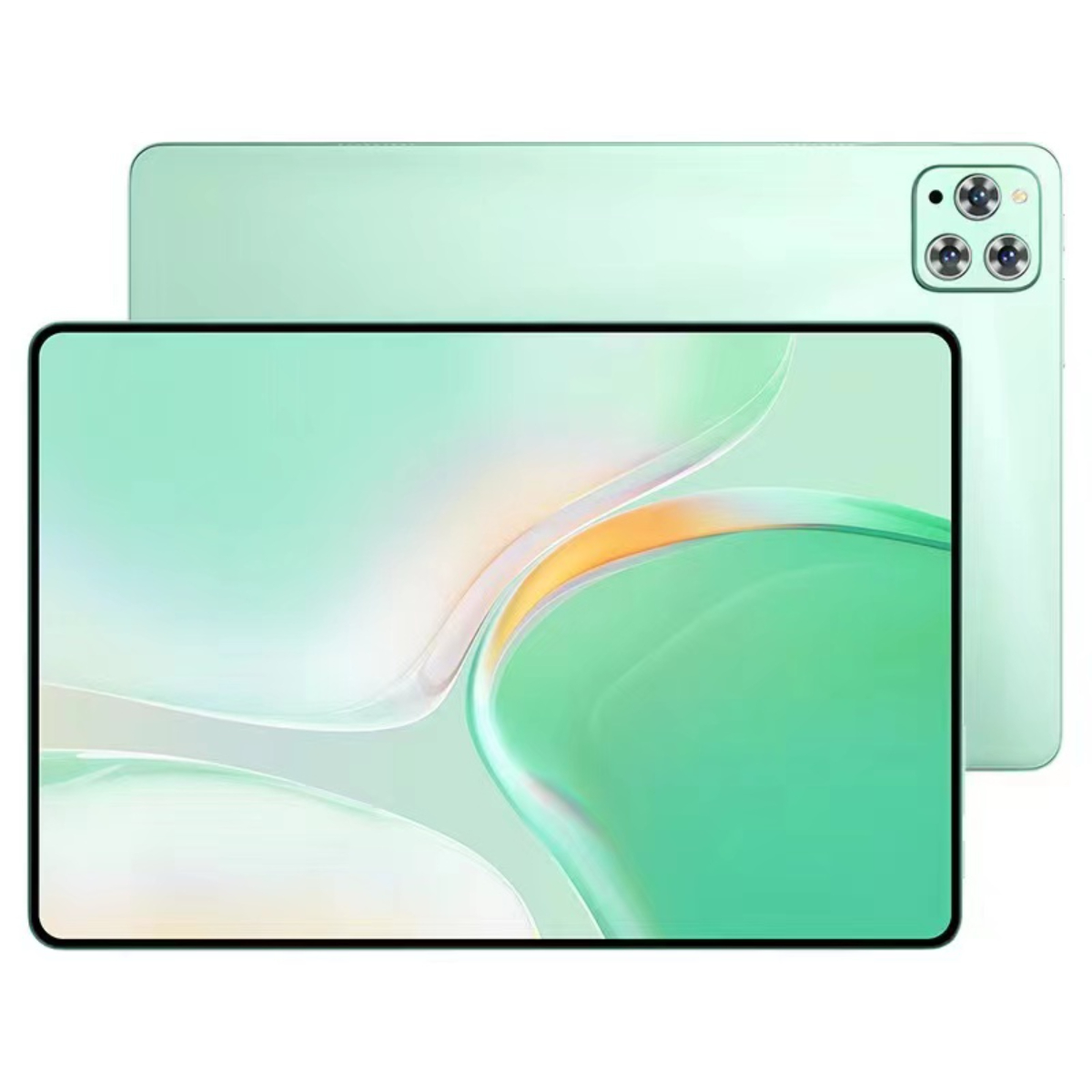 Grünes Tablet, Vorder- und Rückseite. Die Rückseite hat Kameras. Weißer Hintergrund.