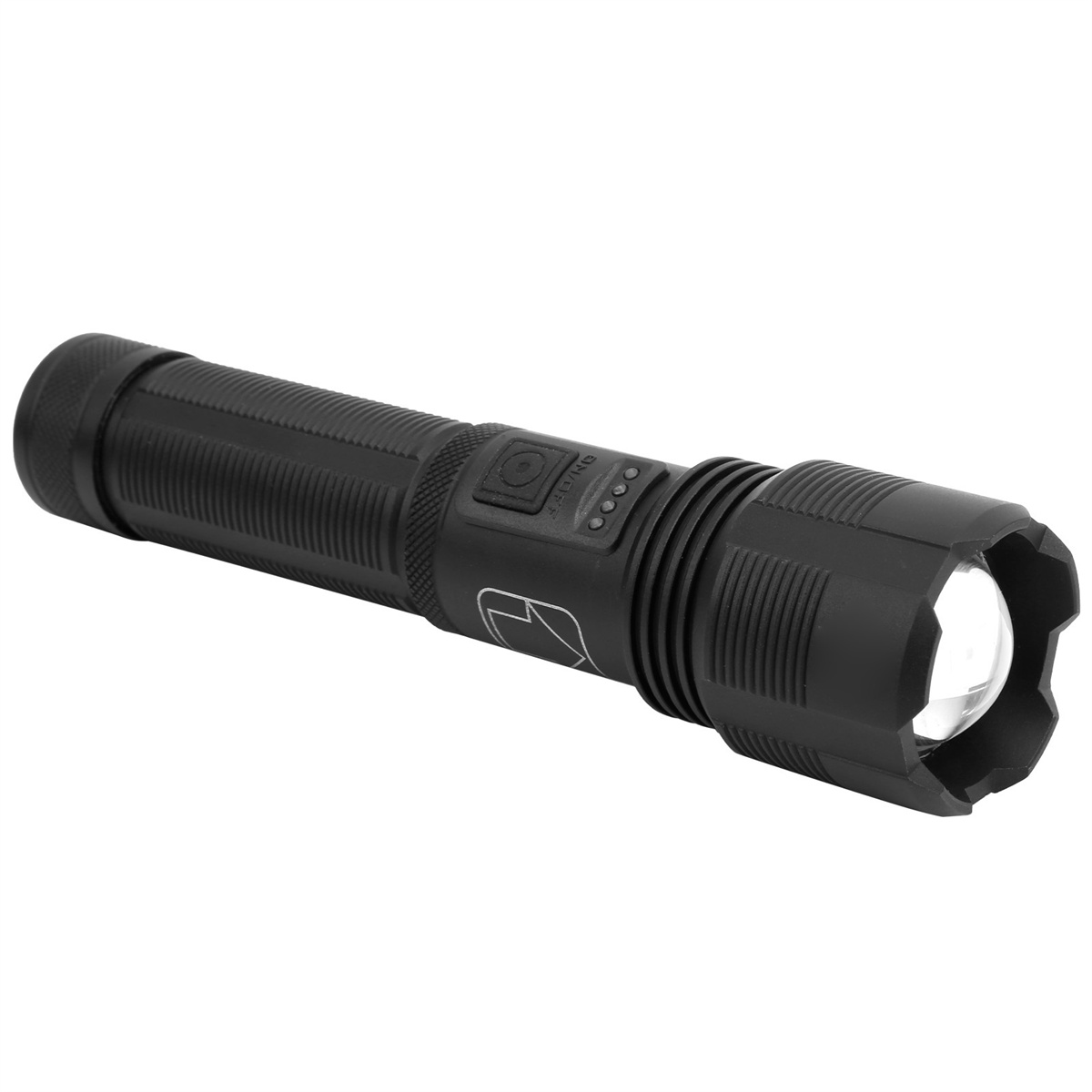Schwarze Taschenlampe mit strukturiertem Griff, Ein/Aus-Taste und hellem Licht am Ende.