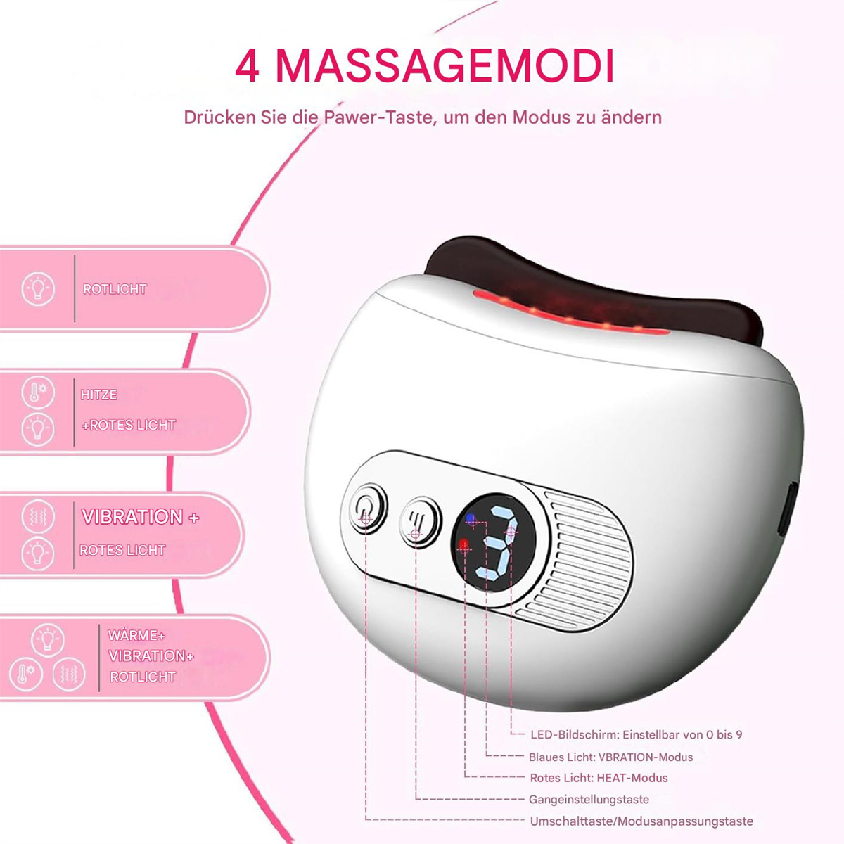 Ein weißes Gesichtsmassagegerät mit Knöpfen und digitaler Anzeige, neben einer Beschreibung.