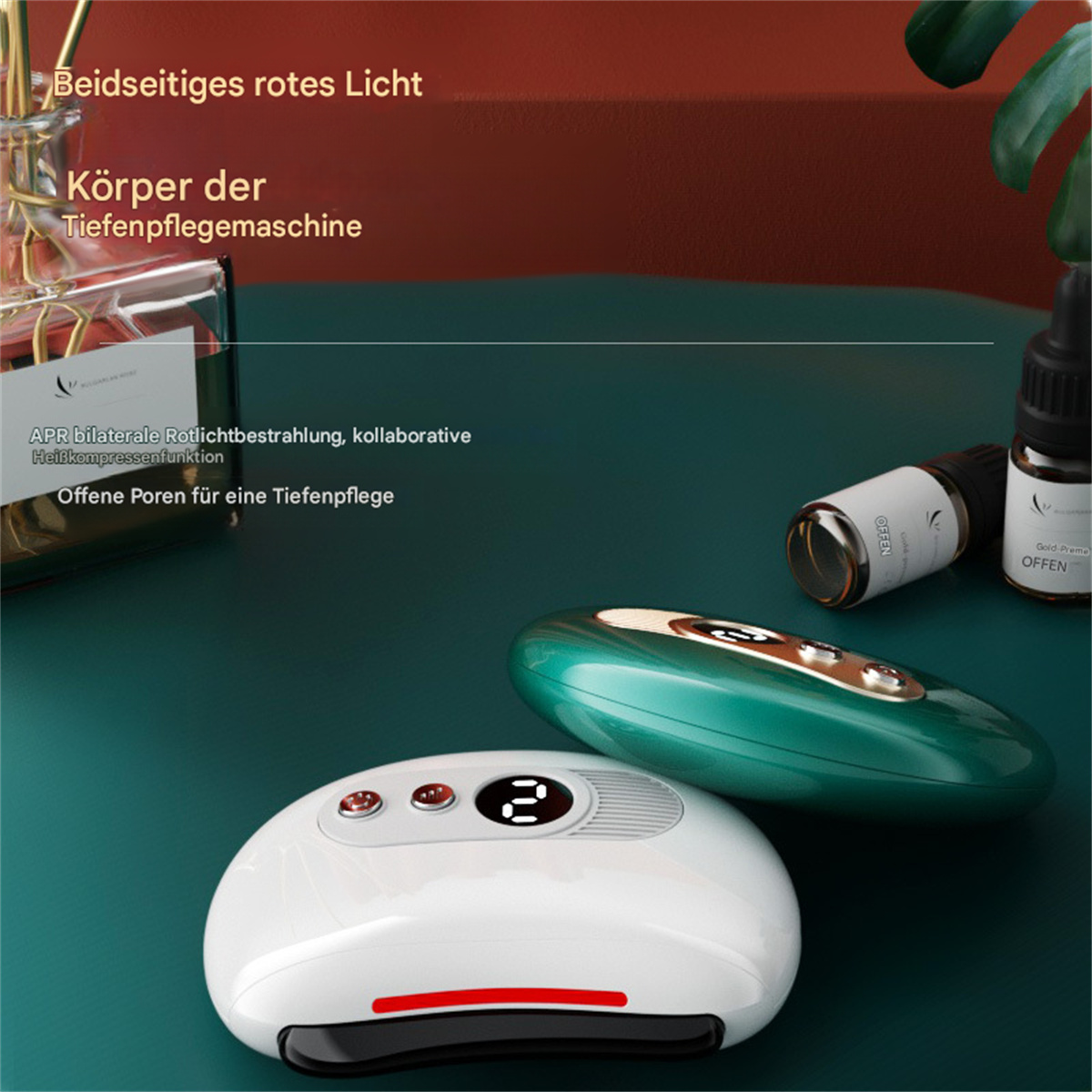 Medizinische Geräte mit rotem Licht, weiße und grüne Geräte auf dunkler Oberfläche, mit ätherischen Ölen.