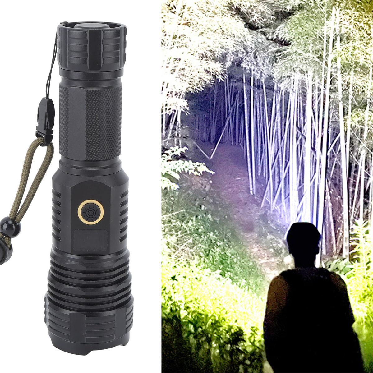 Schwarze Taschenlampe mit Lichtstrahl, der einen Bambuswald bei Nacht beleuchtet.