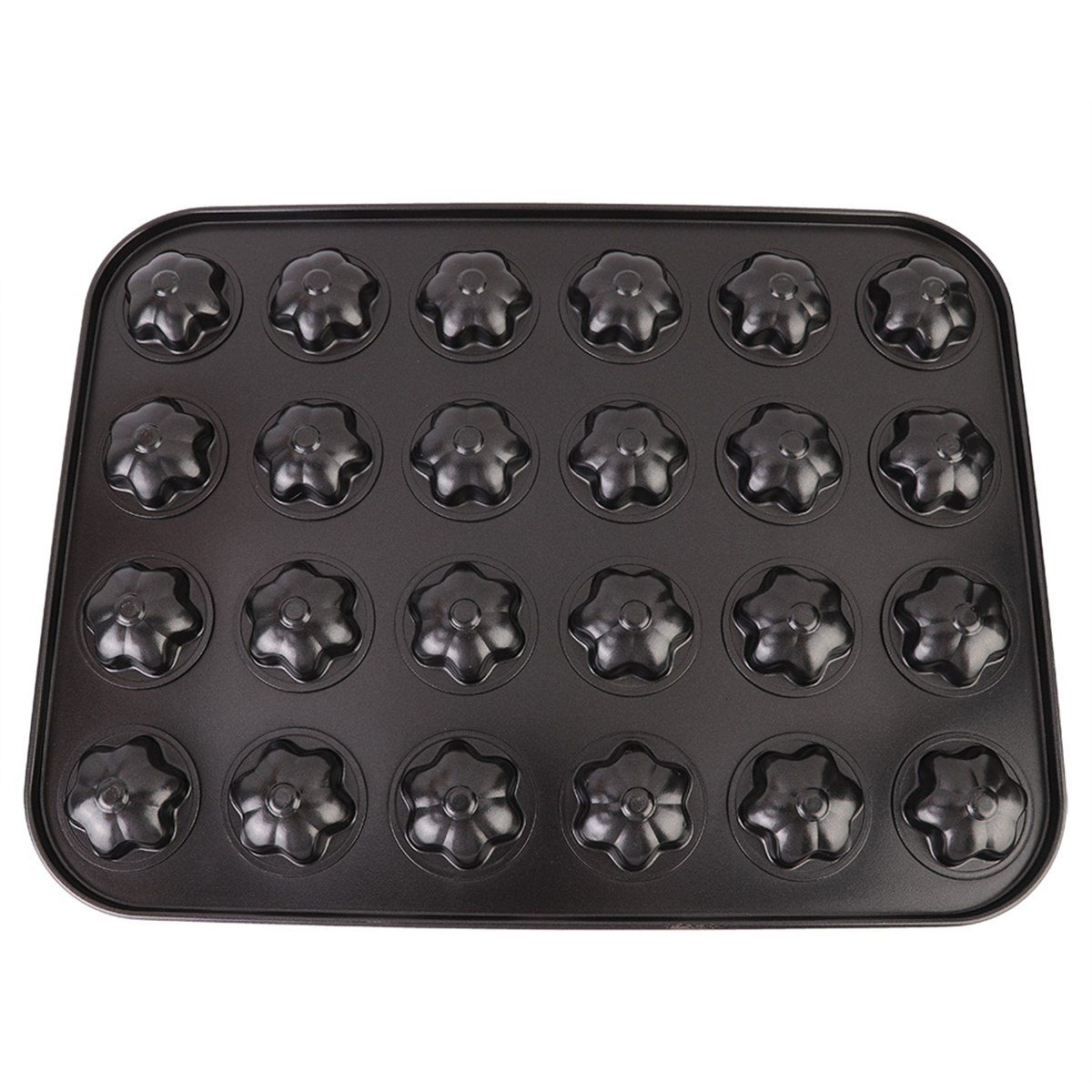 Ein schwarzes Backblech mit 20 blütenförmigen Formen. Das Blech ist leer und einsatzbereit.