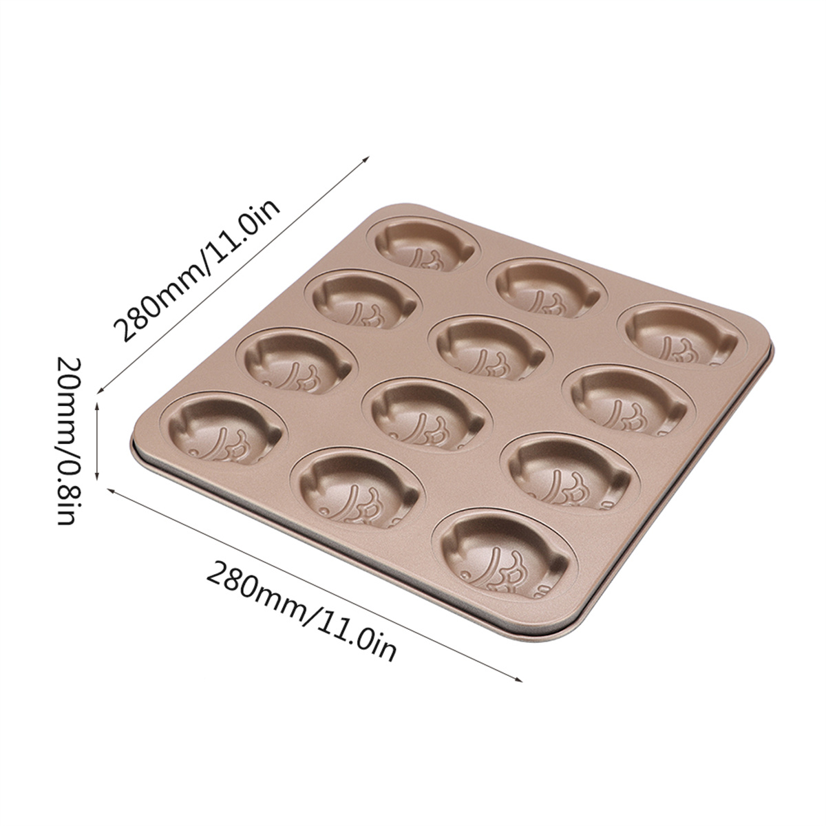 Goldfarbene Backform für Madeleines, mit Abmessungen in mm und Zoll beschriftet.