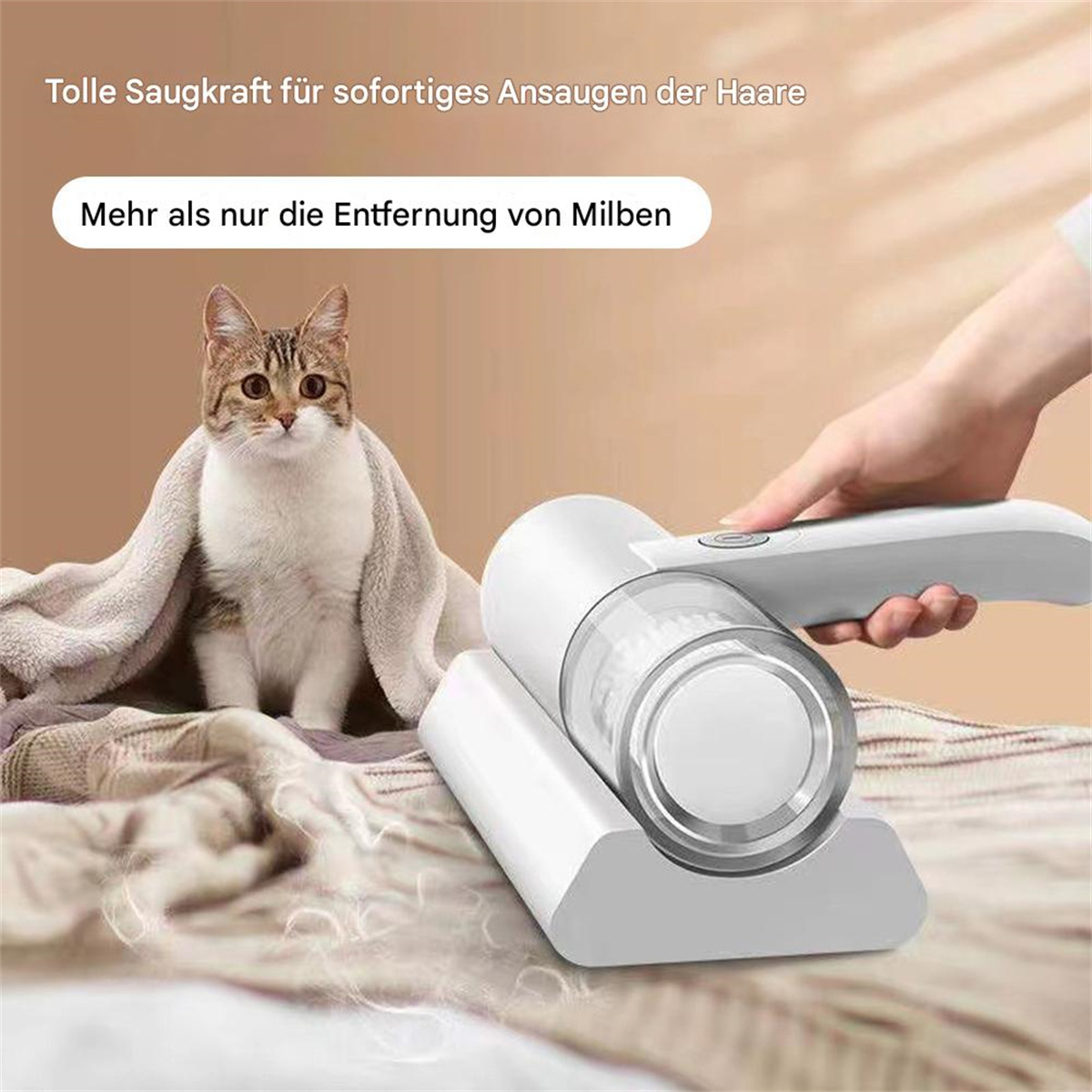 Eine Katze unter einer Decke und ein Handstaubsauger auf einem Ständer.