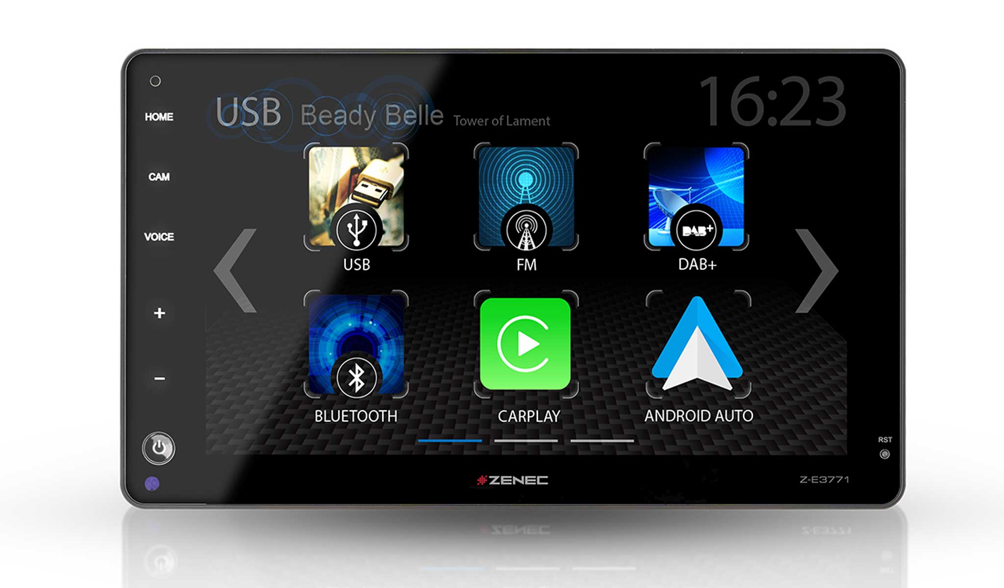 Schwarzer Auto-Multimedia-Player mit Display, das USB, FM, DAB+, Android Auto und CarPlay zeigt.