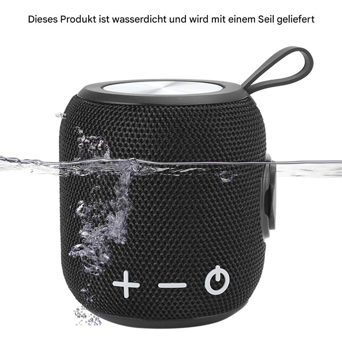 Schwarzer wasserdichter Lautsprecher im Wasser. Text sagt, es ist wasserdicht und hat ein Seil.