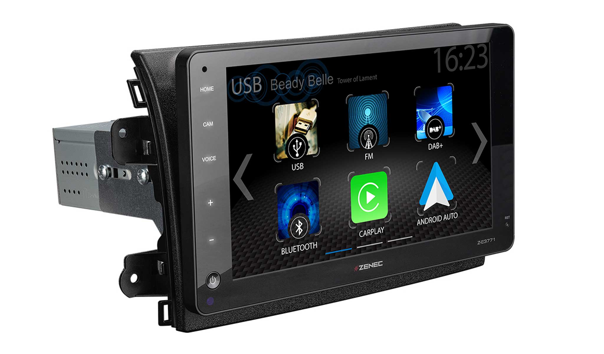 Ein Autoradio-Bildschirm mit Menü. Text und Symbole für USB, FM, DAB+, Bluetooth, CarPlay, Android Auto.