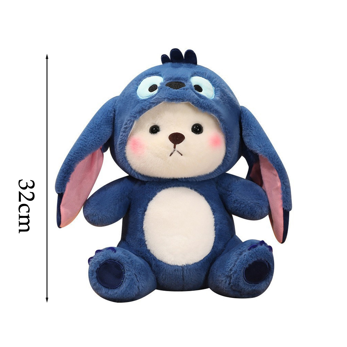 Blaues Plüschtier im Stitch-Kostüm, mit einer Höhe von 32 cm.