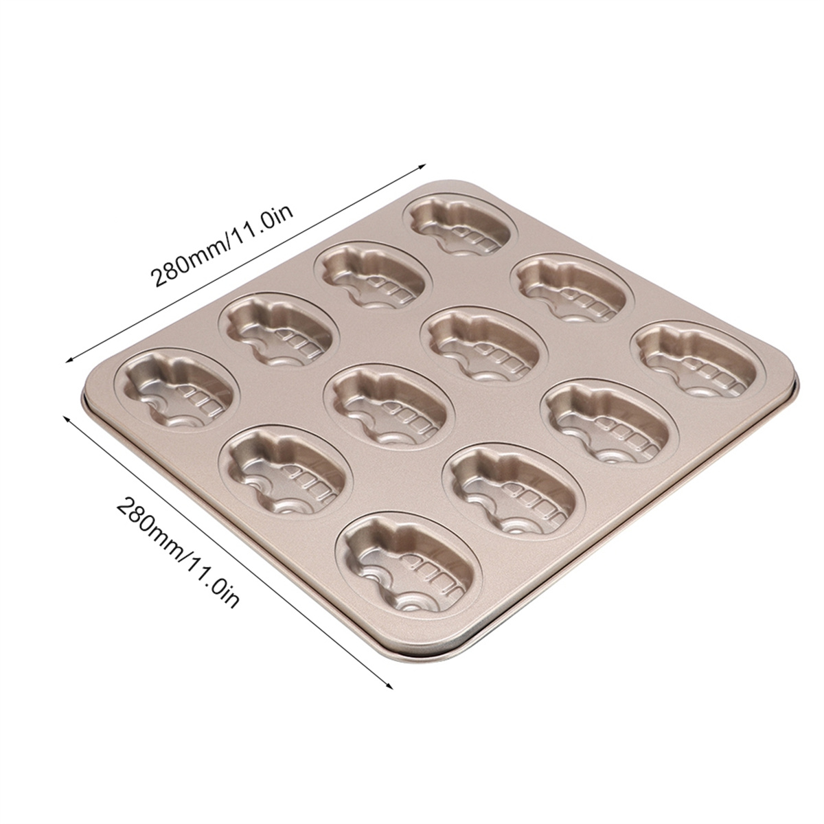 Eine quadratische Backform mit 12 oval geformten Formen. Die Pfanne ist goldfarben.