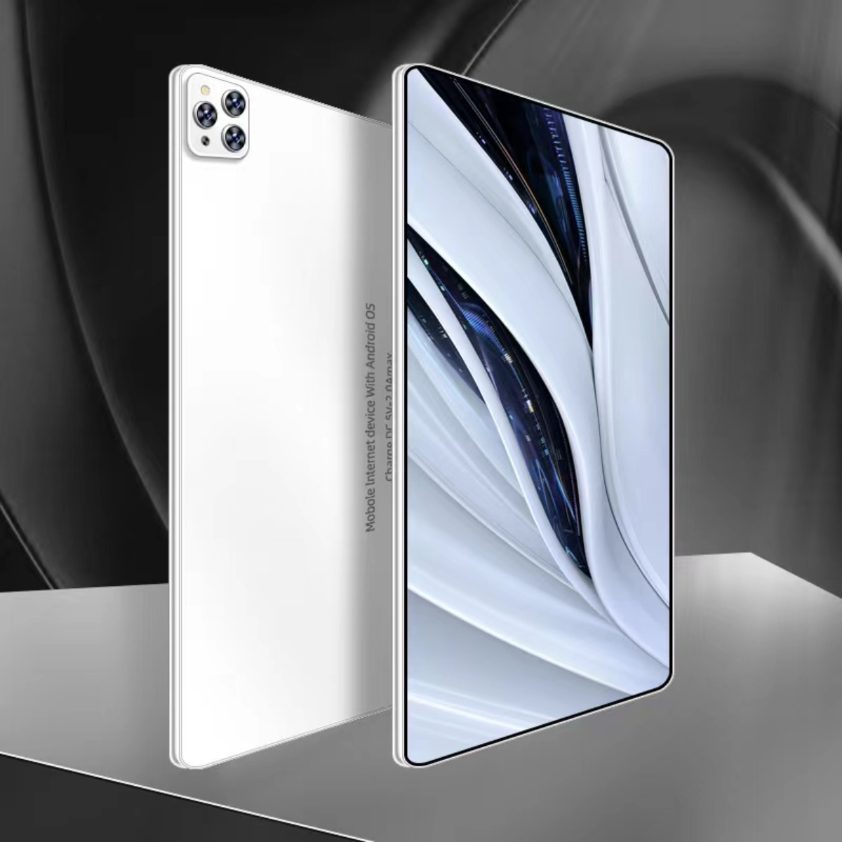 Ein weißes Tablet-Gerät mit einem Bildschirm, der ein futuristisches Design auf einem Graustufen-Hintergrund anzeigt.