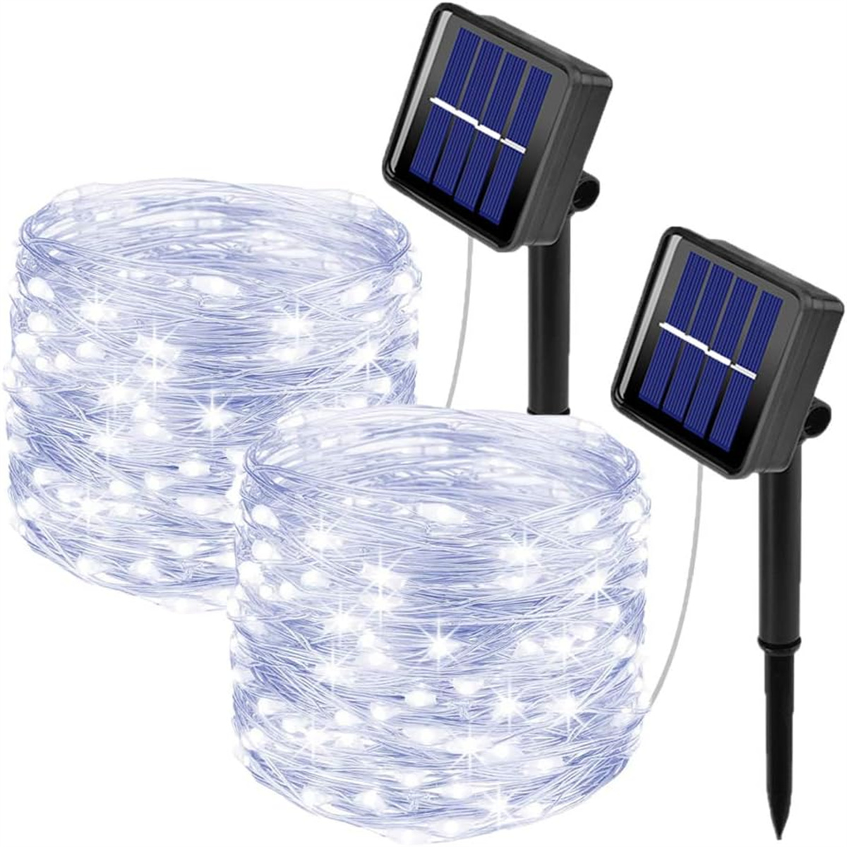 Zwei Rollen weißer LED-Lichterketten mit Solarpanel-Ladegeräten.