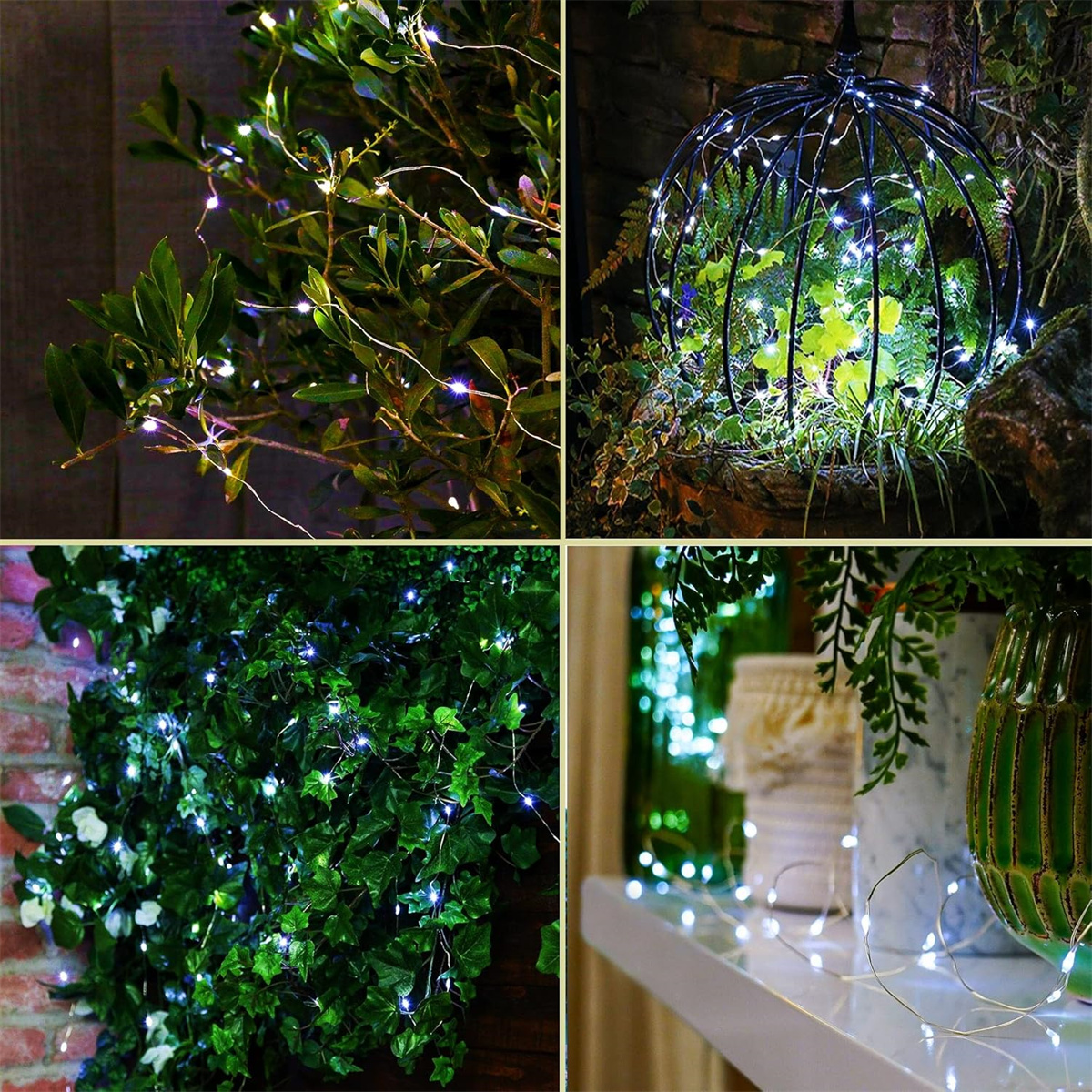 Lichterketten auf grünen Blättern und einem dekorativen Käfig mit Lichtern; eine mit grünen Blättern bedeckte Wand und Lichter.