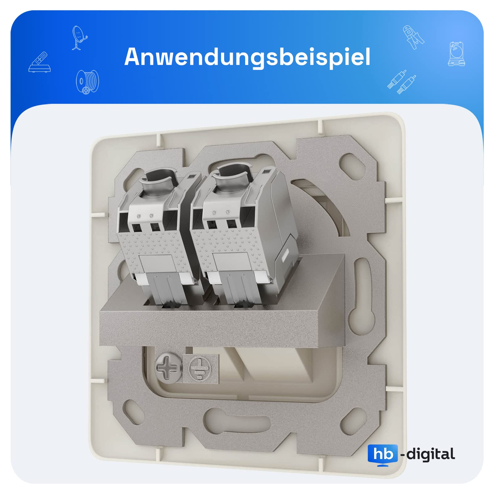 Eine weiße Steckdose mit zwei Anschlüssen, dargestellt auf weißem Hintergrund mit Texten.